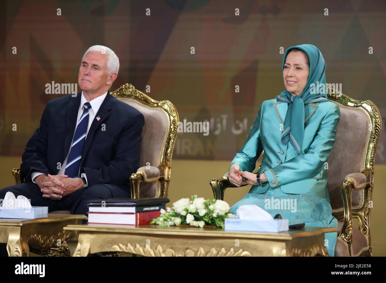 Manez, Albania. 23rd June, 2022. Vice President Mike Pence and NCRI President-elect Maryam Rajavi seen at a gathering of residents of Ashraf 3, home to thousands of members of the principal Iranian