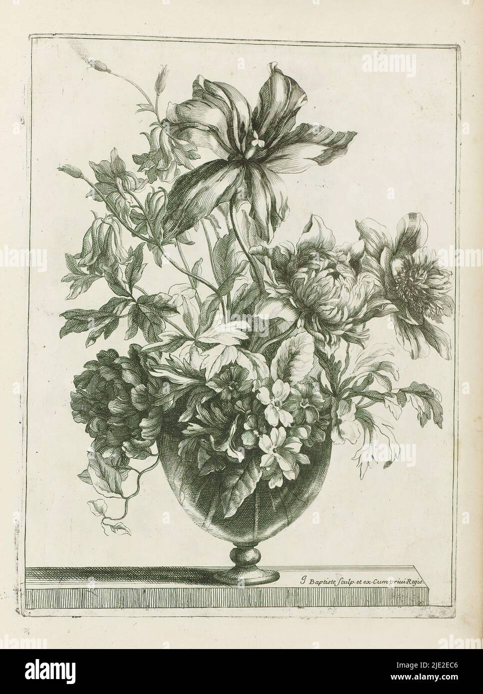 Bouquet in glass vase, Les Vases Diaphanes (series title), Bouquet in glass vase. Print is part of an album., print maker: Jean Baptiste Monnoyer, (mentioned on object), after design by: Jean Baptiste Monnoyer, publisher: Jean Baptiste Monnoyer, (mentioned on object), Paris, c. 1680 - c. 1695, paper, etching, height 287 mm × width 216 mm Stock Photo