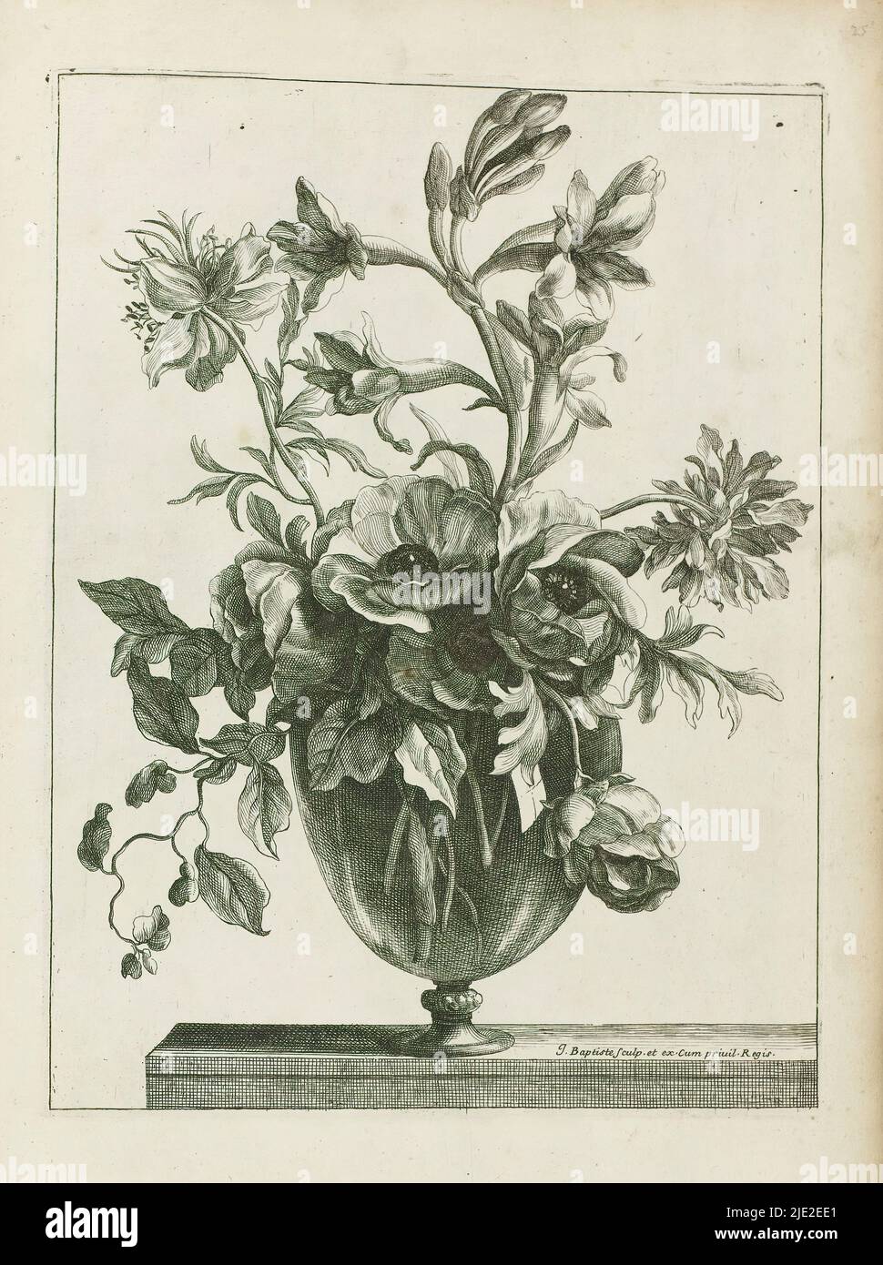 Bouquet in glass vase, Les Vases Diaphanes (series title), Bouquet in glass vase. Print is part of an album., print maker: Jean Baptiste Monnoyer, (mentioned on object), after design by: Jean Baptiste Monnoyer, publisher: Jean Baptiste Monnoyer, (mentioned on object), Paris, c. 1680 - c. 1695, paper, etching, height 286 mm × width 216 mm Stock Photo