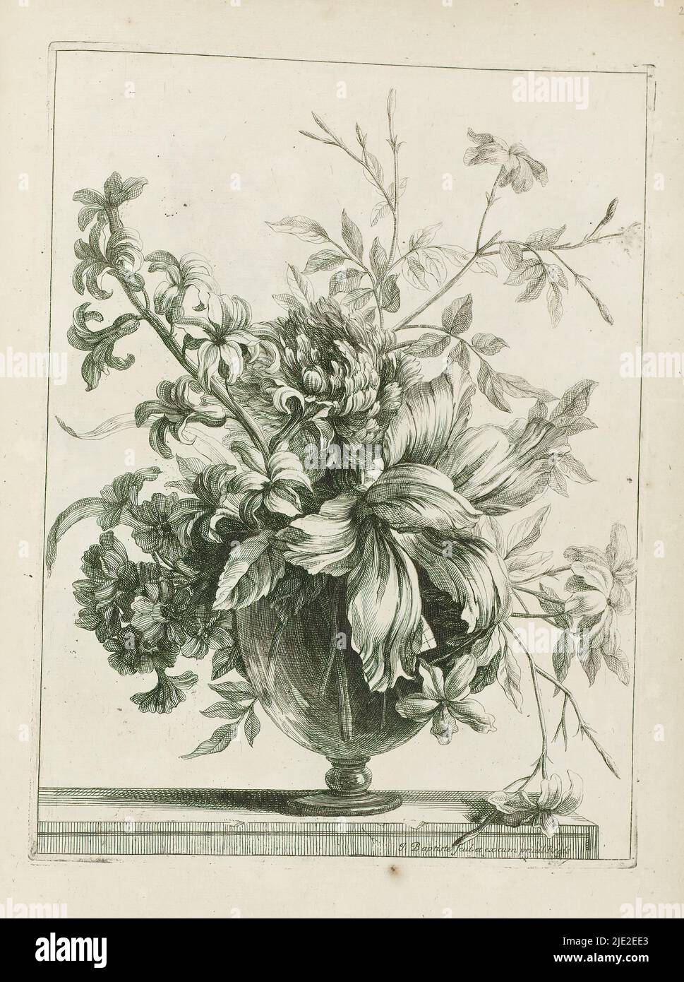 Bouquet in glass vase, Les Vases Diaphanes (series title), Bouquet in glass vase. Print is part of an album., print maker: Jean Baptiste Monnoyer, (mentioned on object), after design by: Jean Baptiste Monnoyer, publisher: Jean Baptiste Monnoyer, (mentioned on object), Paris, c. 1680 - c. 1695, paper, etching, height 283 mm × width 212 mm Stock Photo