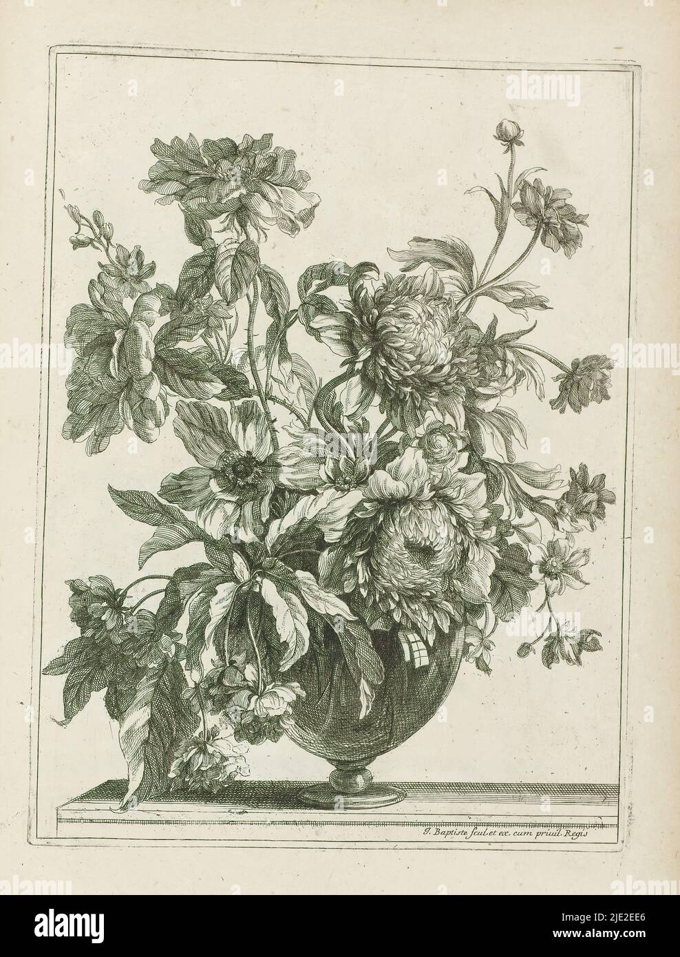 Bouquet in glass vase, Les Vases Diaphanes (series title), Bouquet in glass vase. Print is part of an album., print maker: Jean Baptiste Monnoyer, (mentioned on object), after design by: Jean Baptiste Monnoyer, publisher: Jean Baptiste Monnoyer, (mentioned on object), Paris, c. 1680 - c. 1695, paper, etching, height 284 mm × width 213 mm Stock Photo