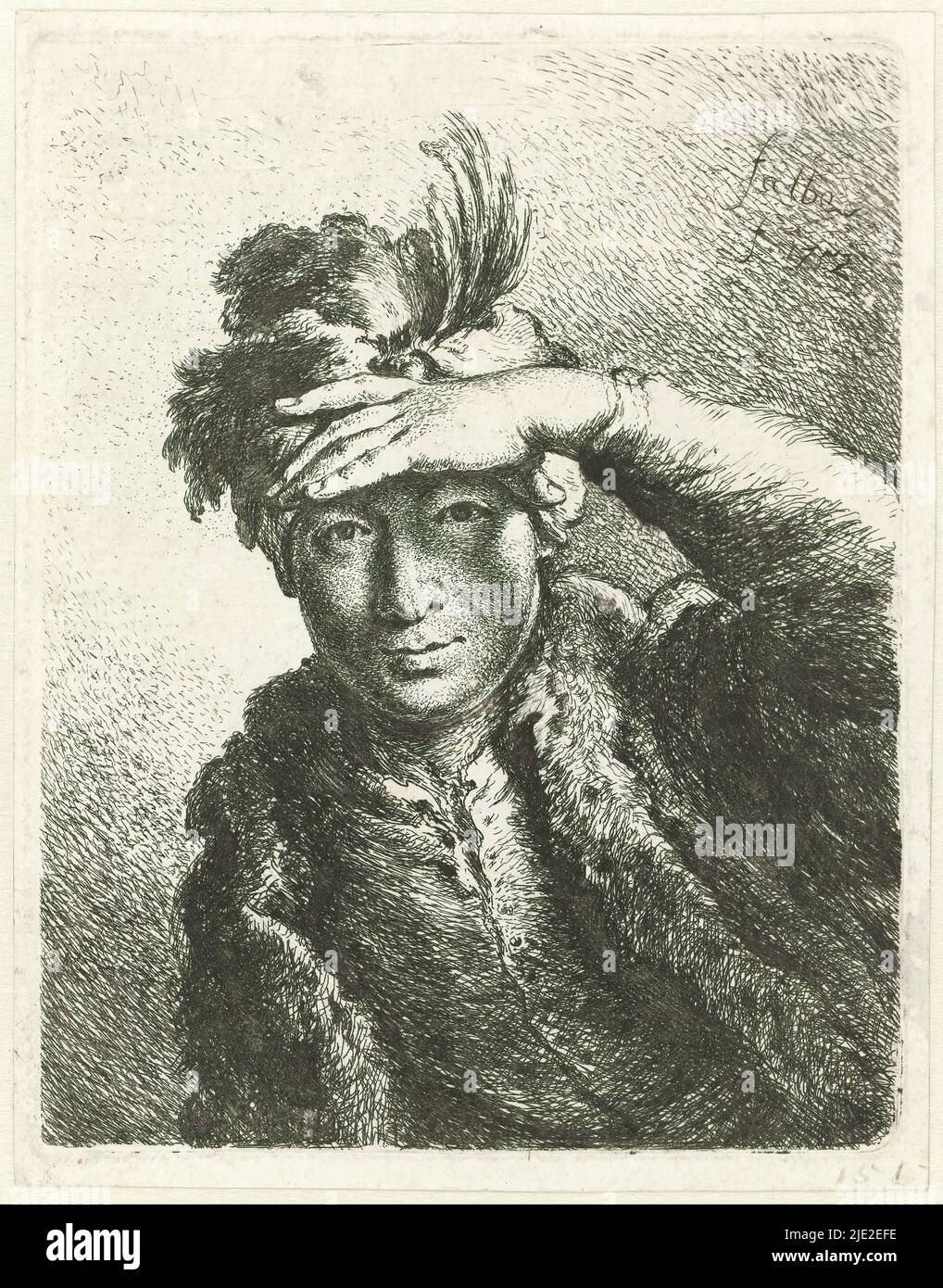 Portrait of a man with a feathered beret, Portrait of a man with a feathered beret shielding his eyes from the light with his left hand. Possibly a self-portrait., print maker: Joachim Martin Falbe, (mentioned on object), Berlin, 1752, paper, etching, height 145 mm × width 114 mm, height 153 mm × width 119 mm Stock Photo