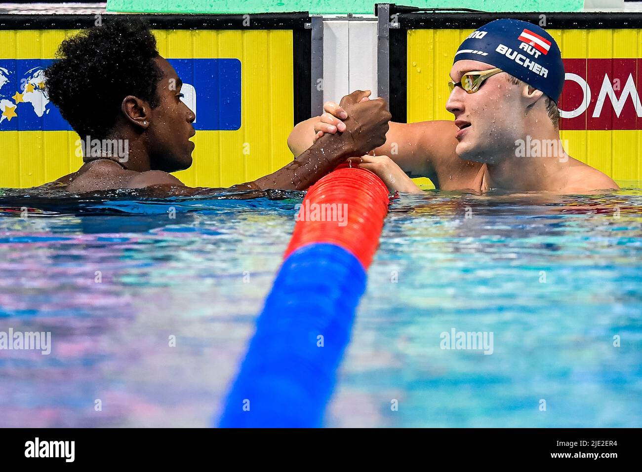 Budapest, Hungary. 24th June, 2022. LIENDO EDWARDS Joshua CAN, BUCHER Simon AUT100m Butterfly Men Final Swimming FINA 19th World Championships Budapest 2022 Budapest, Duna Arena 24/06/22 Photo Andrea Staccioli/Deepbluemedia/Insidefoto Credit: insidefoto srl/Alamy Live News Stock Photo