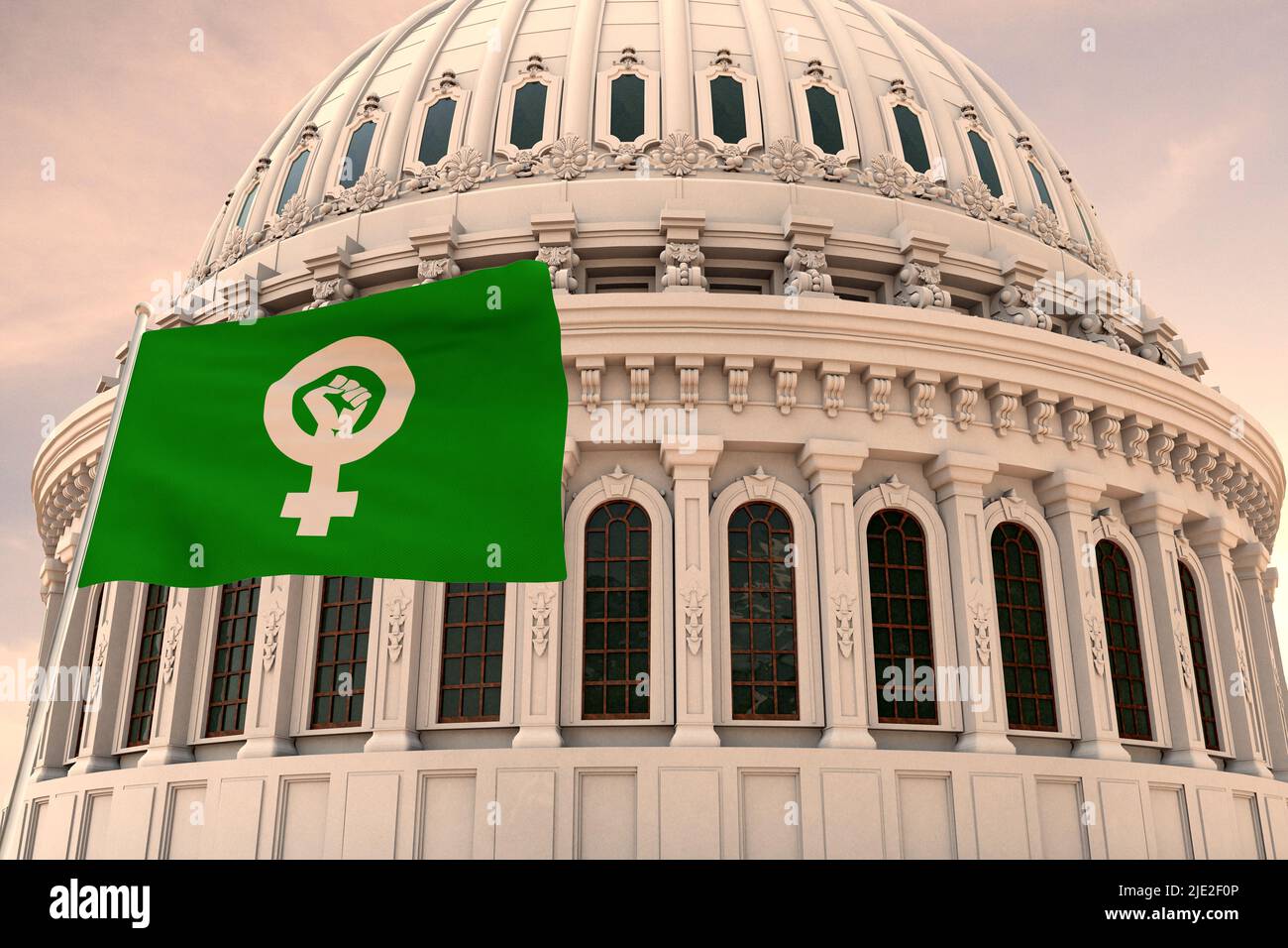 Beautiful flag of FEMINIST FEMINISMABORTIONS waving with the strong wind and behind it the dome of the Capitol USA Roe v. Wade 3D RENDER, 3D RENDERING Stock Photo