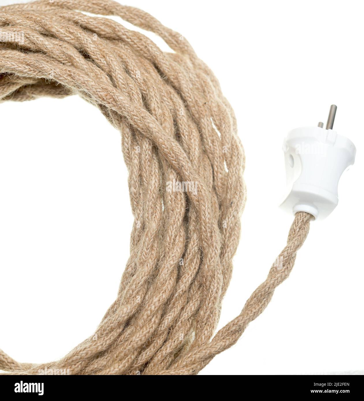 Jute electrical cable with plug isolated on white background Stock