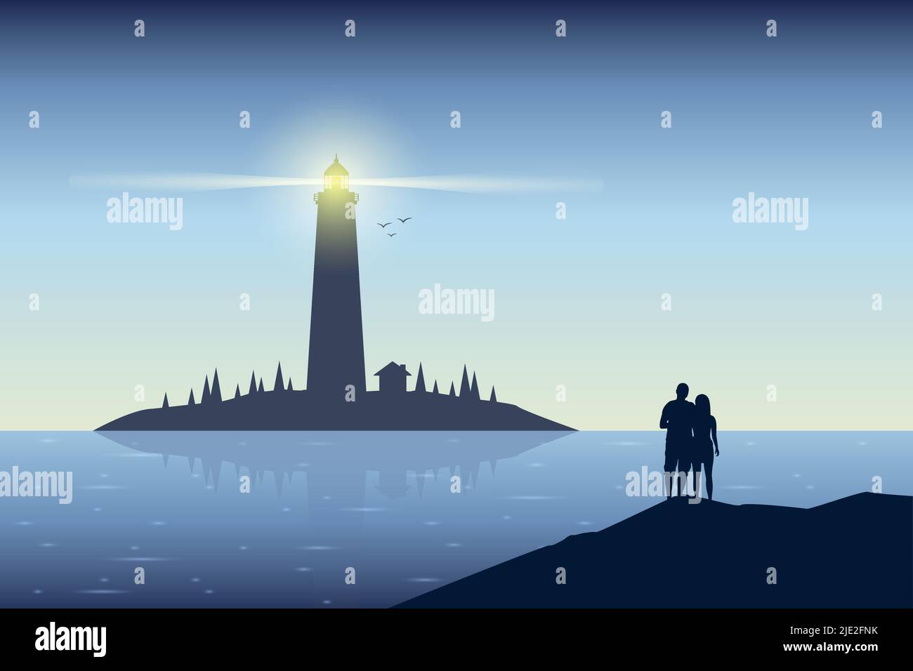 lovely couple on lighthouse seascape with mopuntain view at sunset Stock Vector
