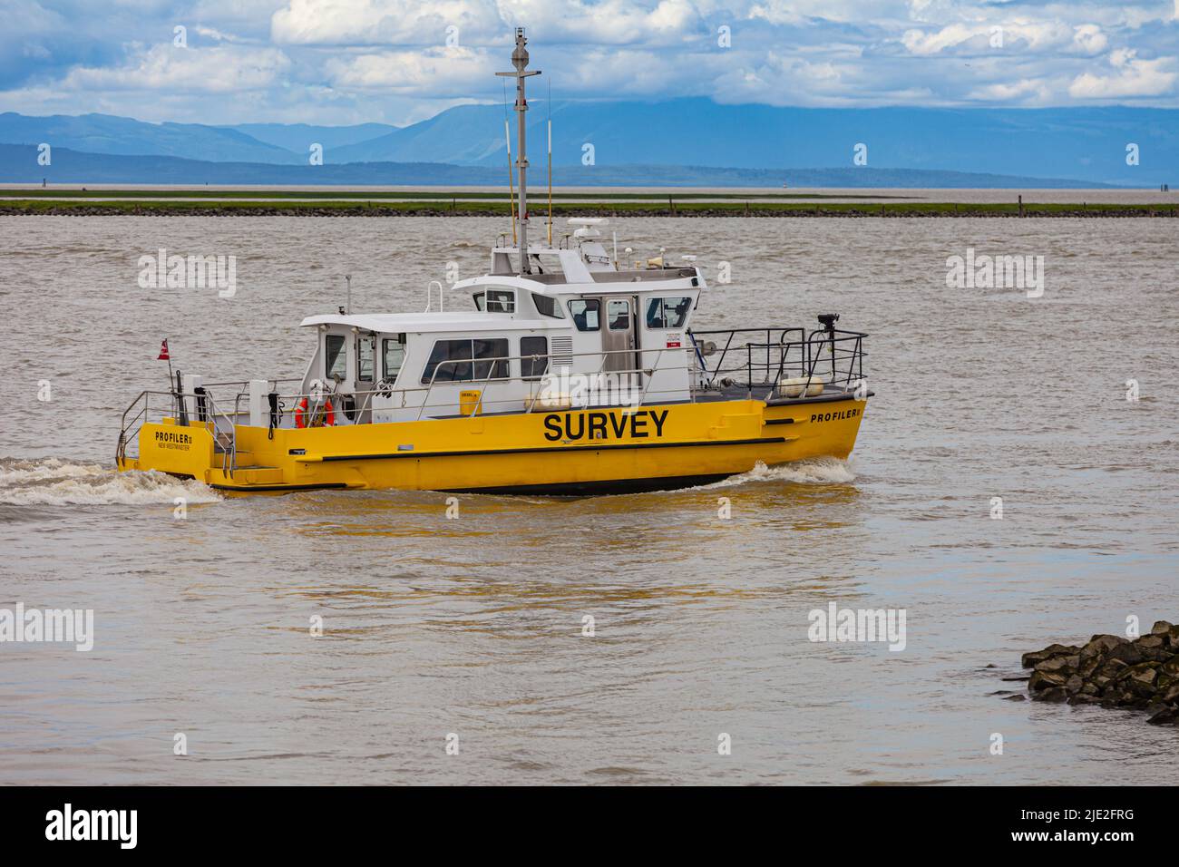Canadian Survey vessel patrolling the mouth of the Fraser River in Steveston British Columbia Canada Stock Photo