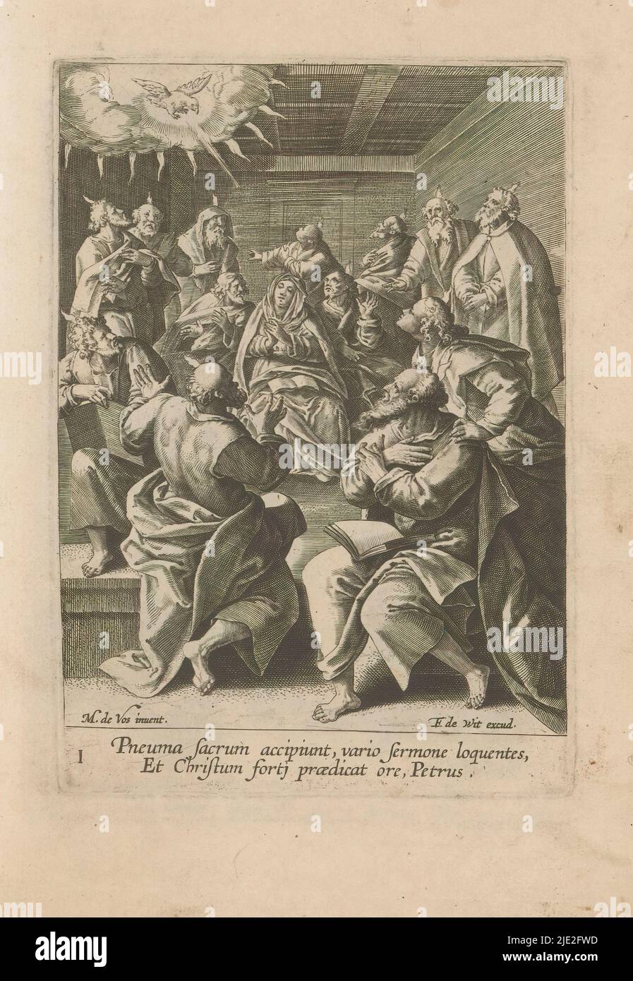 Pentecost, Acts of the Apostles (series title), Pentecost: Outpouring of the Holy Spirit. Numbered at lower left: I. At bottom in margin a two-line caption in Latin. Part of a series of twelve depictions of the Acts of the Apostles. Part of an album of mainly Christian representations., print maker: anonymous, after design by: Maerten de Vos, (mentioned on object), publisher: Frederik de Wit, (mentioned on object), Amsterdam, 1580 - 1585 and/or 1654, paper, engraving, height 185 mm × width 131 mm, height 298 mm × width 182 mm Stock Photo