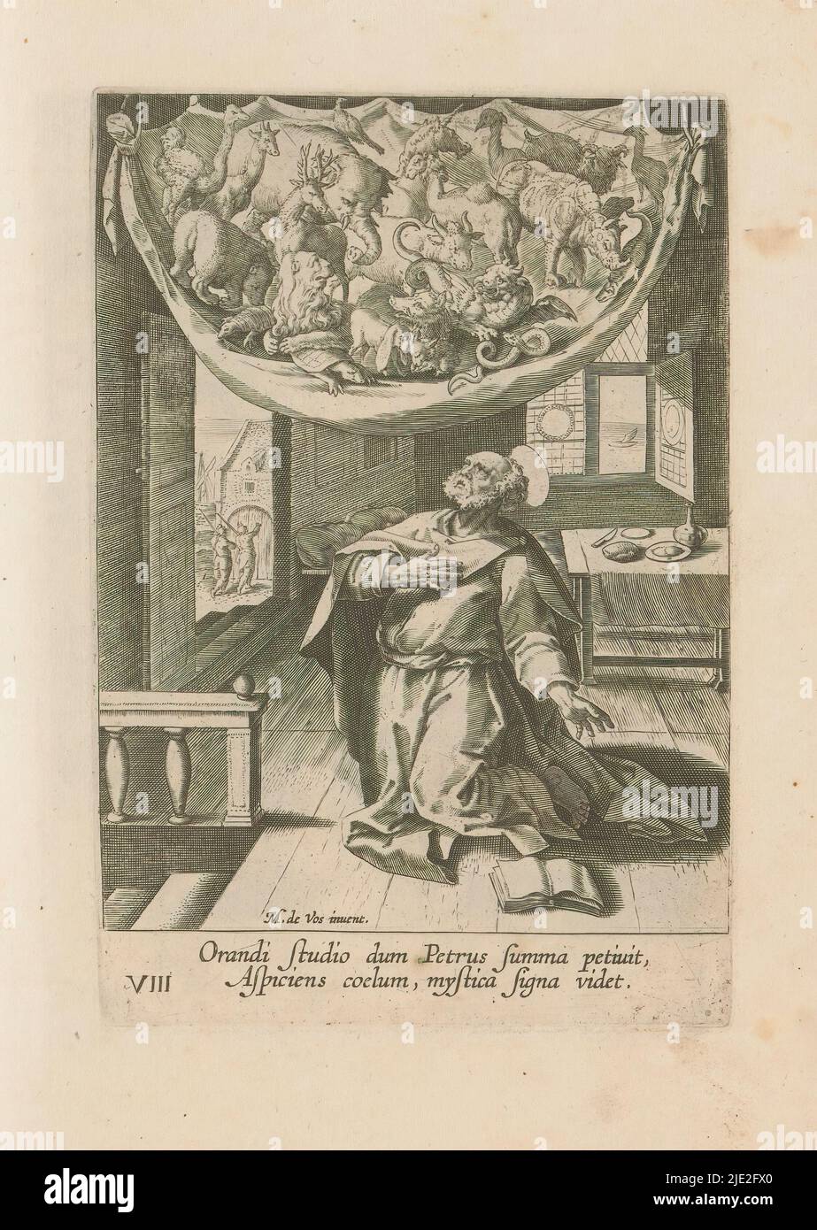Peter's vision of the unclean animals, Acts of the Apostles (series title), Simon Peter praying in the house of Simon the tanner. Above him appears a sheet with all kinds of unclean animals. Numbered in the lower left: VIII. Below in the margin a two-line caption in Latin. Part of a series of twelve representations of the Acts of the Apostles. Part of an album of mainly Christian representations., print maker: anonymous, after design by: Maerten de Vos, (mentioned on object), publisher: Frederik de Wit, after design by: Antwerp, publisher: Amsterdam, 1580 - 1585 and/or 1654, paper, engraving, Stock Photo