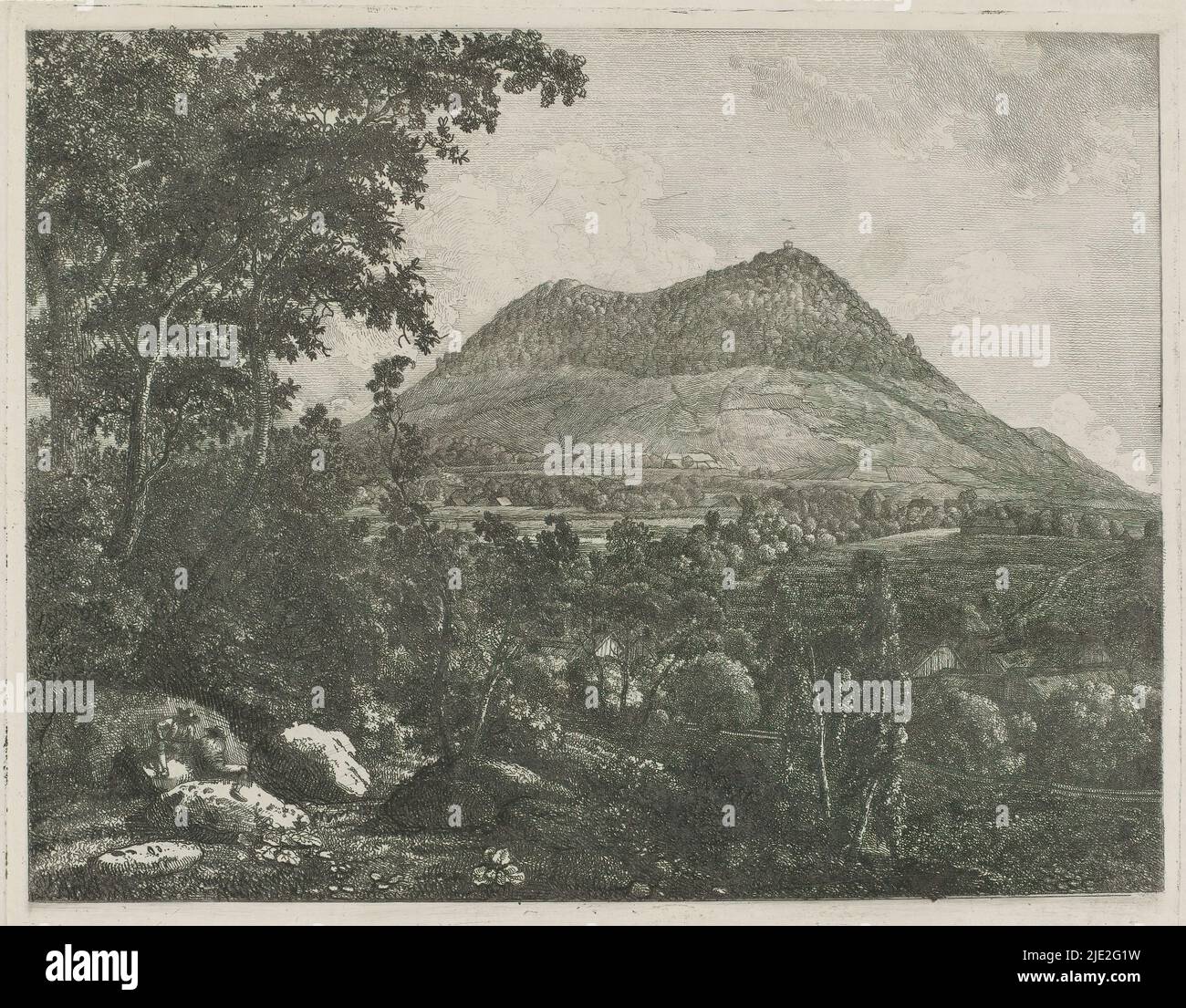 Landscape with the mountain the Landeskrone near Görlitz, print maker: Christoph Nathe, (mentioned on object), after own design by: Christoph Nathe, (mentioned on object), c. 1795, paper, etching, height 209 mm × width 258 mm Stock Photo