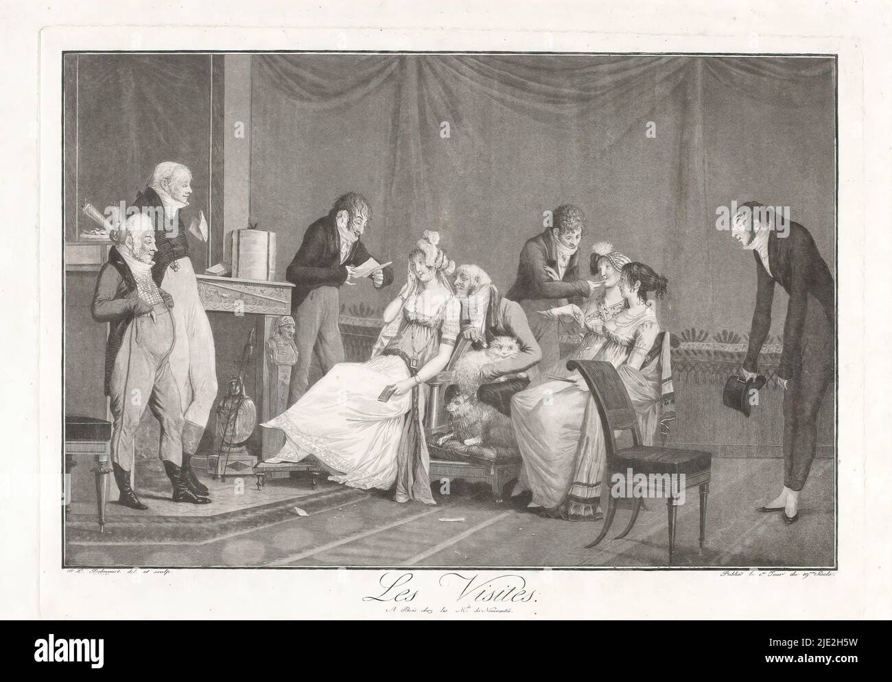 Company of young women and men in an interior, Les Visites (title on object), print maker: Philibert-Louis Debucourt, (mentioned on object), after own design by: Philibert-Louis Debucourt, (mentioned on object), publisher: Les Marchands de Nouveautés, (mentioned on object), print maker: France, after own design by: France, publisher: Paris, 1-Jan-1800, paper, etching, height 299 mm × width 414 mm, height 447 mm × width 585 mm Stock Photo