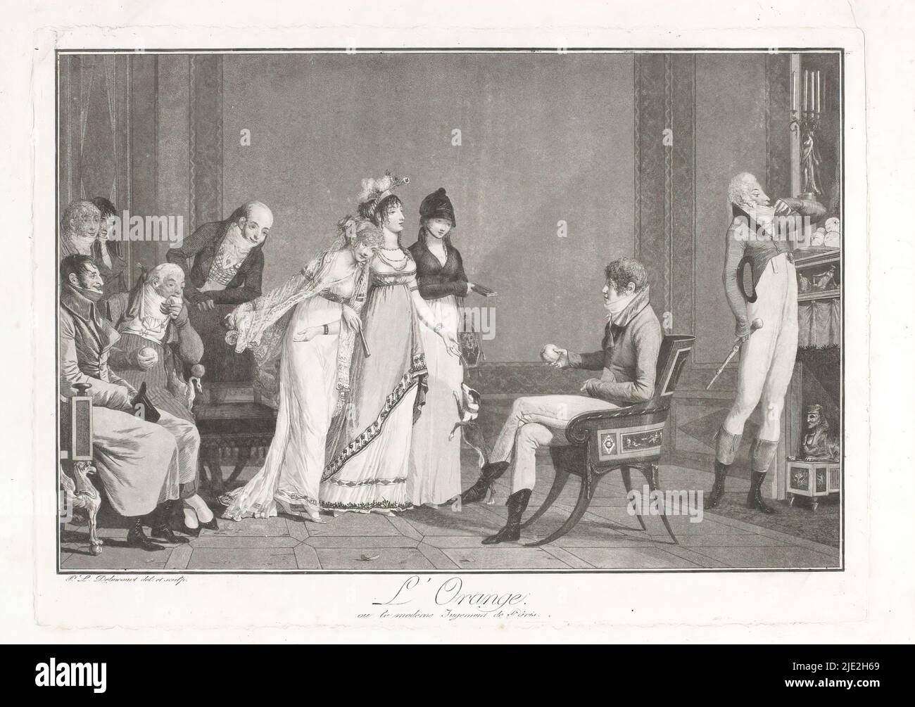 Judgment of Paris, L'Orange, ou le moderne jugement de Paris (title on object), Company in an interior with three young women in front of a young man in a chair holding an orange., print maker: Philibert-Louis Debucourt, (mentioned on object), after own design by: Philibert-Louis Debucourt, (mentioned on object), publisher: Les Marchands de Nouveautés, (possibly), print maker: France, after own design by: France, publisher: Paris, 1-Jan-1800, paper, etching, height 295 mm × width 414 mm Stock Photo