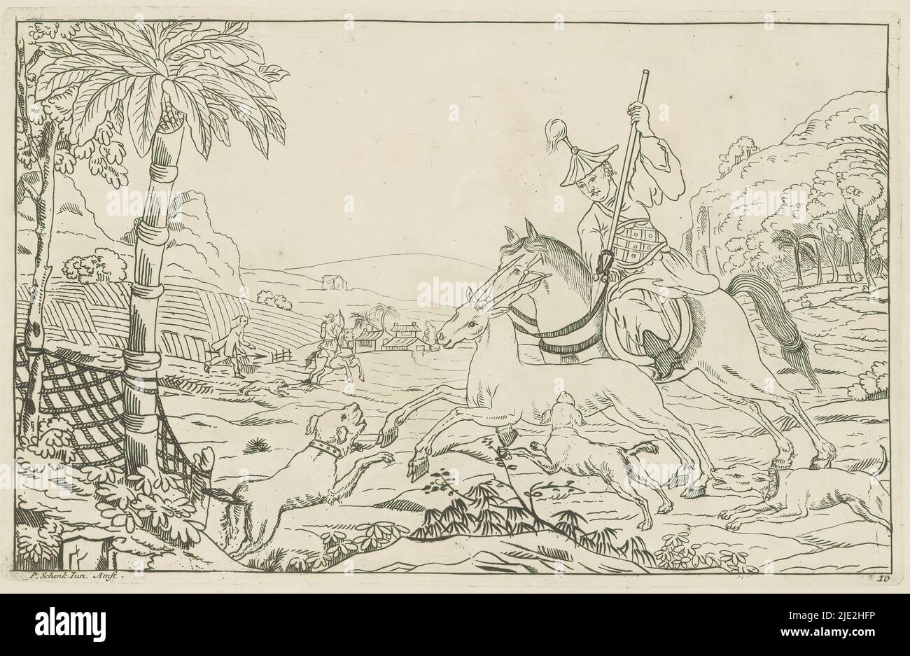 Hunting an ungulate, Chinese hunting scenes (series title), Nieuwe geinventeerde Sineesen, met groote moeyte geteekent en in 't Ligt gegeven, door P: Schenk Jun (...), third part (series title), Chinese landscape with a hunter with spear and hounds hunting an ungulate, perhaps a deer. Print is part of an album., print maker: Pieter Schenk (II), after design by: Pieter Schenk (II), publisher: Pieter Schenk (II), (mentioned on object), Amsterdam, 1727 - 1775, paper, etching, height 163 mm × width 255 mm Stock Photo