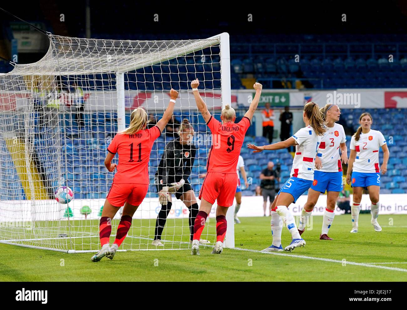 England's Bethany England (centre) and Lauren Hemp celebrate after team-mate Lucy Bronze scores their side's first goal of the game during the Women's International Friendly match at Elland Road, Leeds. Picture date: Friday June 24, 2022. Stock Photo