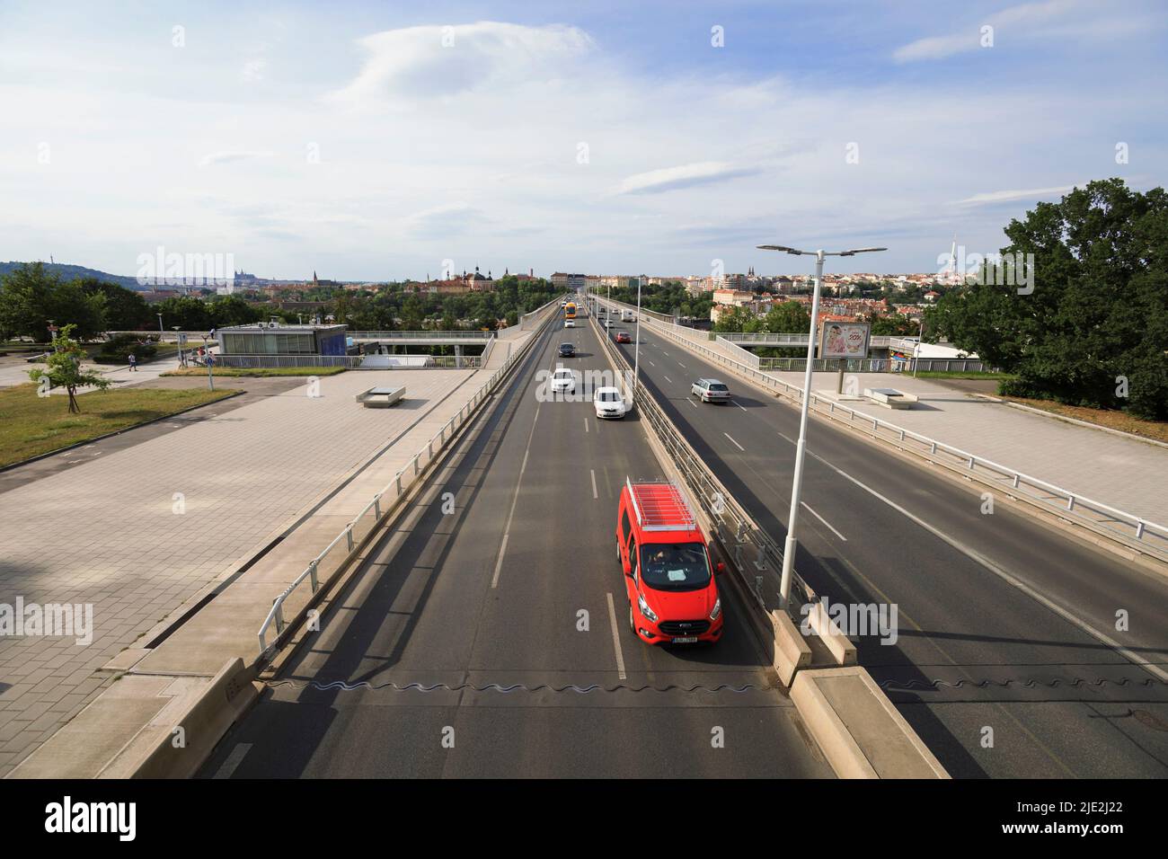 Nusle bridge, Prague, Czech Republic, Czechia - June 22, 2022: Cars and automobile are going on roadway in the center of capital  city. Traffic and tr Stock Photo