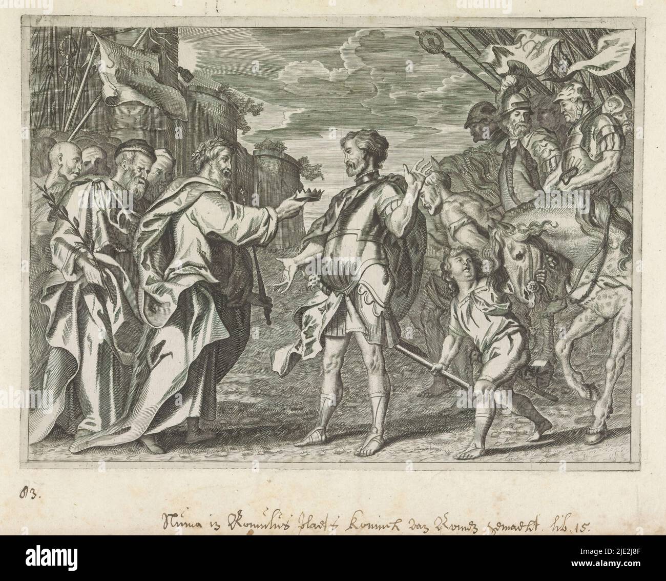 Numa Pompilius is appointed king of Rome, Metamorphoses of Ovid (series title), To Numa Pompilius the crown is handed over after the disappearance of Romulus, the founder of Rome. On either side Latins and Sabines., print maker: Petrus Clouwet, after design by: Anthony van Dyck, (possibly), after design by: Theodoor van Thulden, (possibly), c. 1636 - 1670, paper, engraving, height 165 mm × width 227 mm Stock Photo