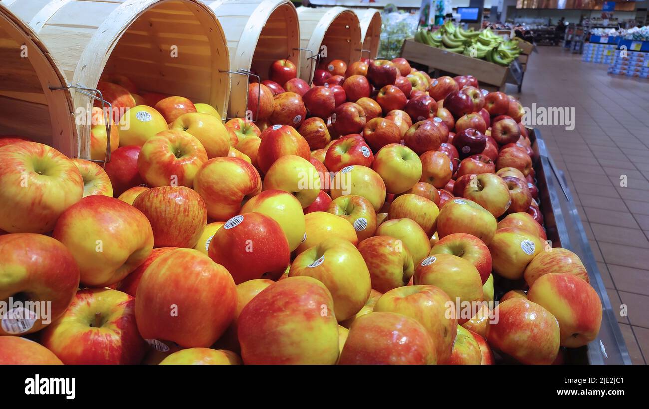 Apples in the super market. Selective focus. Food. Stock Photo