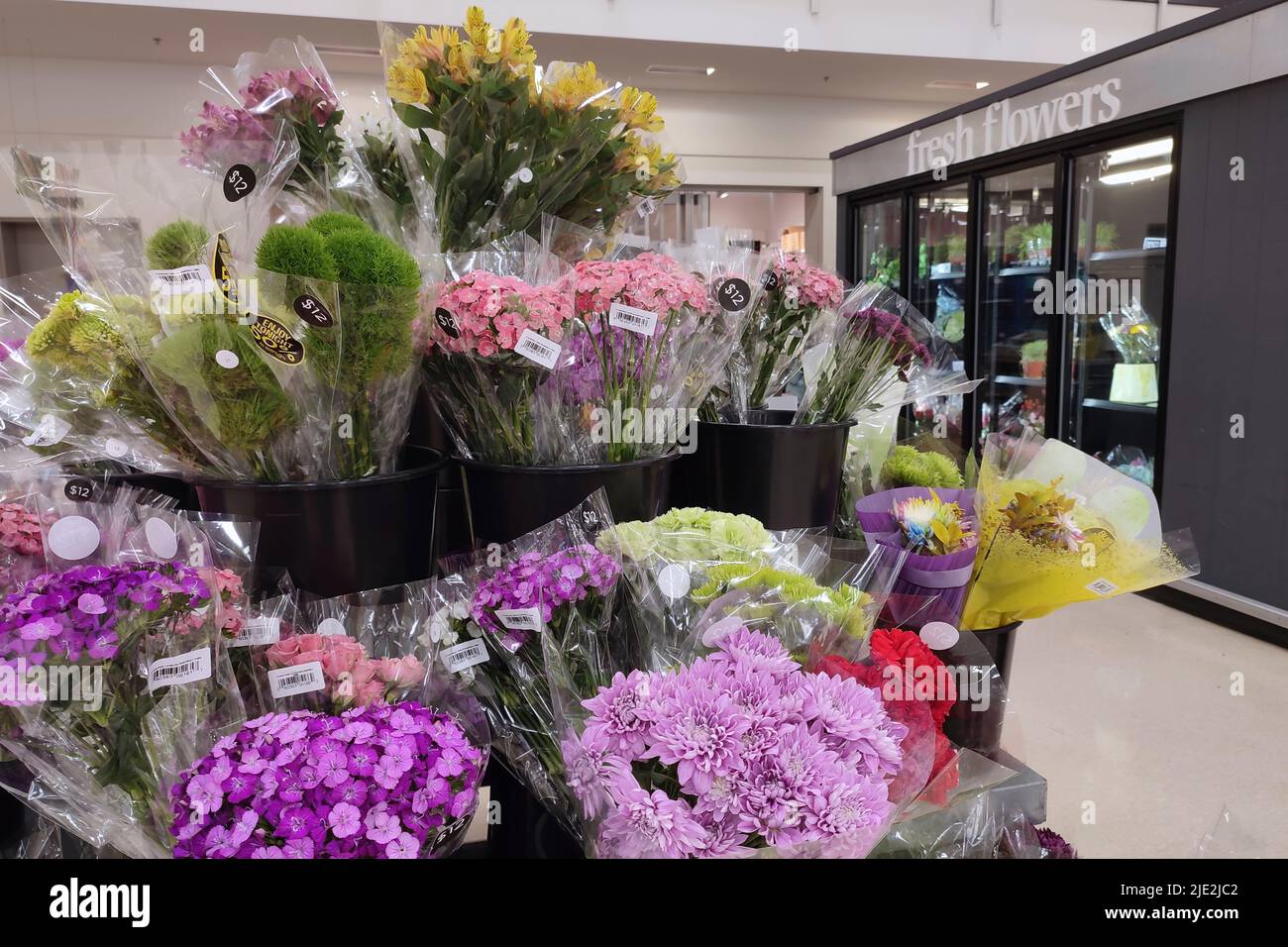 Fresh cut flowers sold inside the supermarket in Toronto, Ontario, Canada. Stock Photo