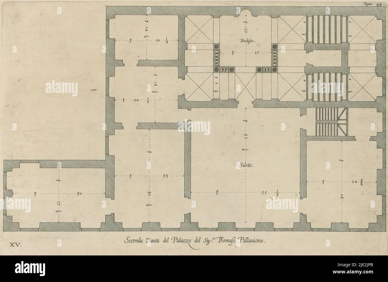 Map of the second floor of the Palazzo dell'Acquedotto de Ferrari Galliera at Genoa, Seconda pianta del Palazzo del sigr. Thomaso Pallavicino (title on object), This print is part of an album., print maker: Nicolaes Ryckmans, publisher: Peter Paul Rubens, Spaanse kroon, Antwerp, 1622, paper, engraving, height 218 mm × width 329 mm, height 583 mm × width 435 mm Stock Photo