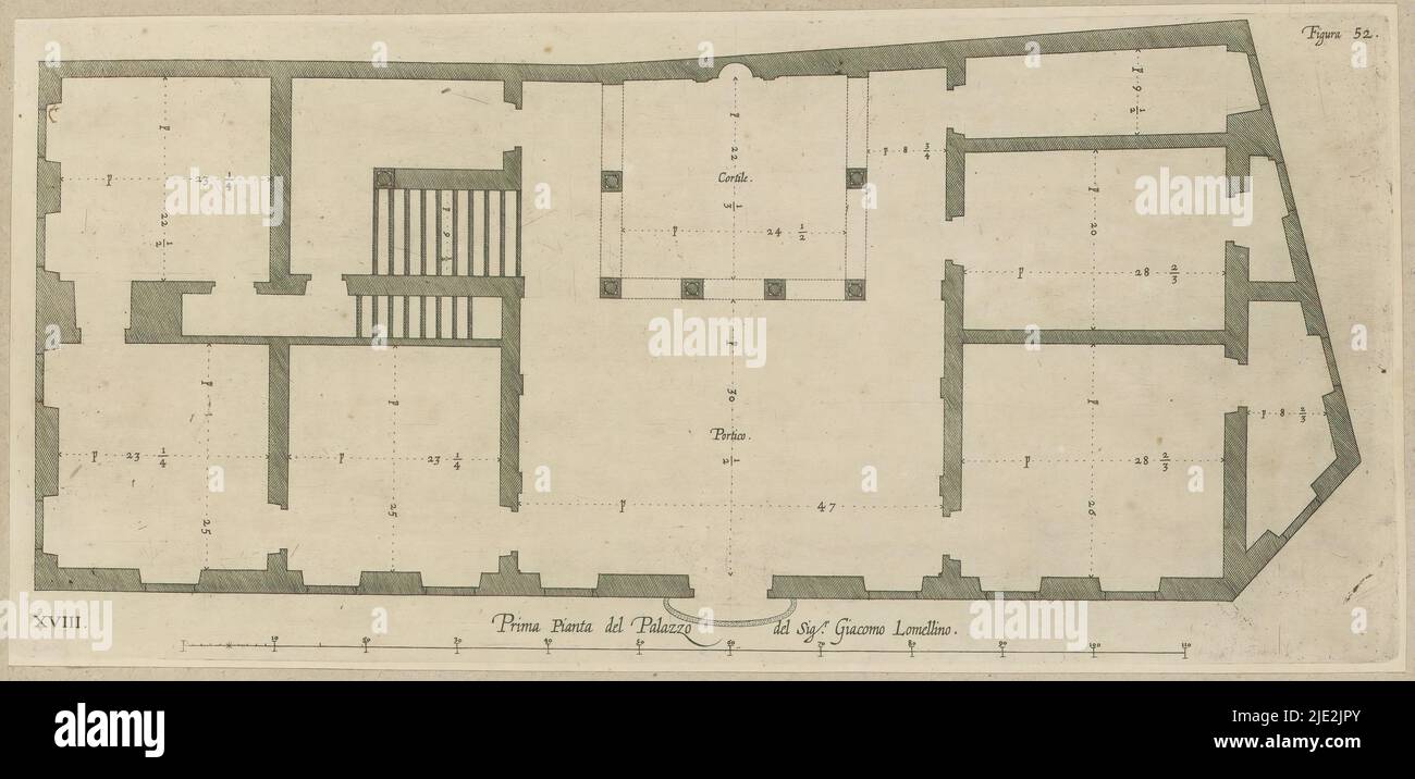 Plan of the first floor of the Palazzo Giacomo Lomellini at Genoa, Prima pianta del Palazzo del sigr. Giacomo Lomellino (title on object), This print is part of an album., print maker: Nicolaes Ryckmans, publisher: Peter Paul Rubens, Spaanse kroon, Antwerp, 1622, paper, engraving, height 184 mm × width 401 mm, height 583 mm × width 435 mm Stock Photo