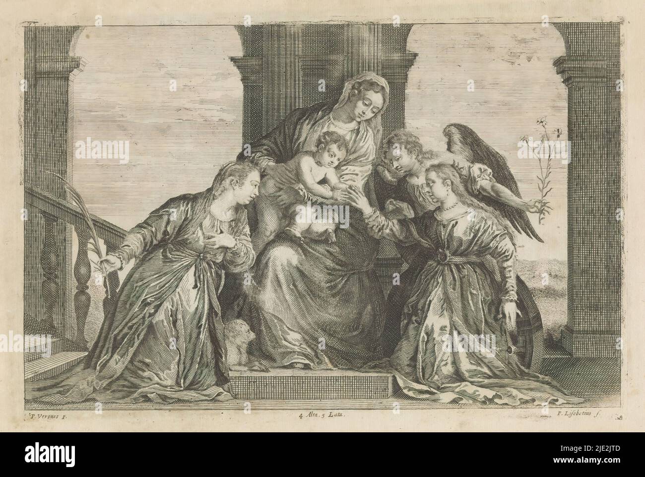 Mystical Marriage of St. Catherine of Alexandria, Christ sits on Mary's lap and slips a ring on St. Catherine's finger. An angel supports her arm. On the left, the kneeling Saint Agnes with the martyr's palm. This print is part of an album., print maker: Peter van Liesebetten, (mentioned on object), after painting by: Paolo Veronese, (mentioned on object), publisher: David Teniers (II), print maker: Antwerp, after painting by: Italy, publisher: Brussels, 1660, paper, etching, engraving, height 202 mm × width 308 mm Stock Photo