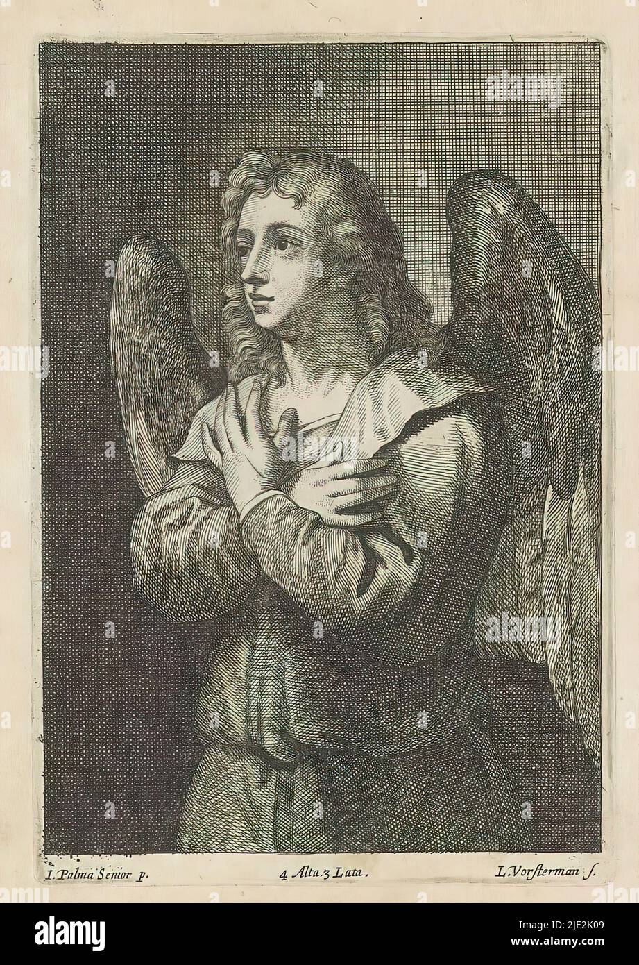Angel with crossed arms, This print is part of an album., print maker: Lucas Vorsterman (II), (mentioned on object), after painting by: David Teniers (II), after painting by: Jacopo Palma (il Vecchio), (mentioned on object), print maker: Antwerp, after painting by: Southern Netherlands, after painting by: Italy, publisher: Brussels, 1660, paper, etching, height 166 mm × width 115 mm Stock Photo