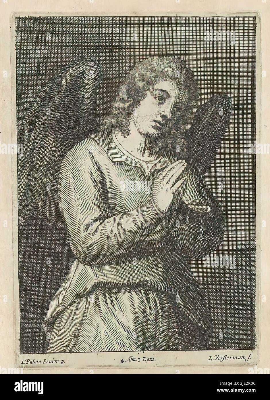 Angel with folded hands, This print is part of an album., print maker: Lucas Vorsterman (II), (mentioned on object), after painting by: David Teniers (II), after painting by: Jacopo Palma (il Vecchio), (mentioned on object), print maker: Antwerp, after painting by: Southern Netherlands, after painting by: Italy, publisher: Brussels, 1660, paper, etching, height 166 mm × width 116 mm Stock Photo