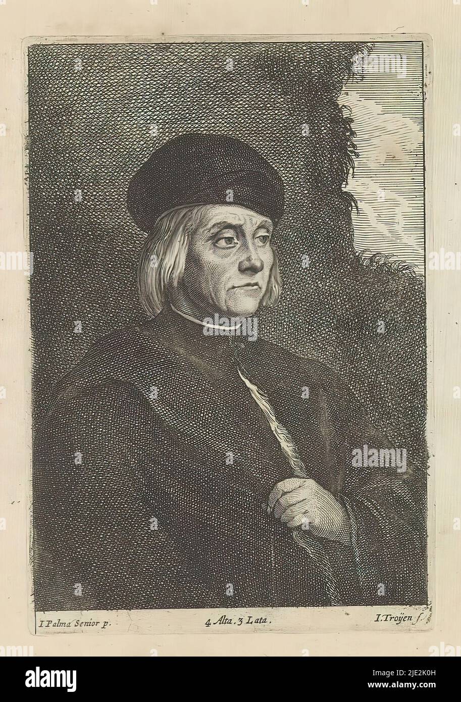 Portrait of an unknown man with beret, This print is part of an album., print maker: Jan van Troyen, (mentioned on object), after painting by: David Teniers (II), after painting by: Jacopo Palma (il Vecchio), (mentioned on object), print maker: Southern Netherlands, (possibly), after painting by: Southern Netherlands, after painting by: Italy, publisher: Brussels, 1660, paper, etching, height 172 mm × width 117 mm Stock Photo