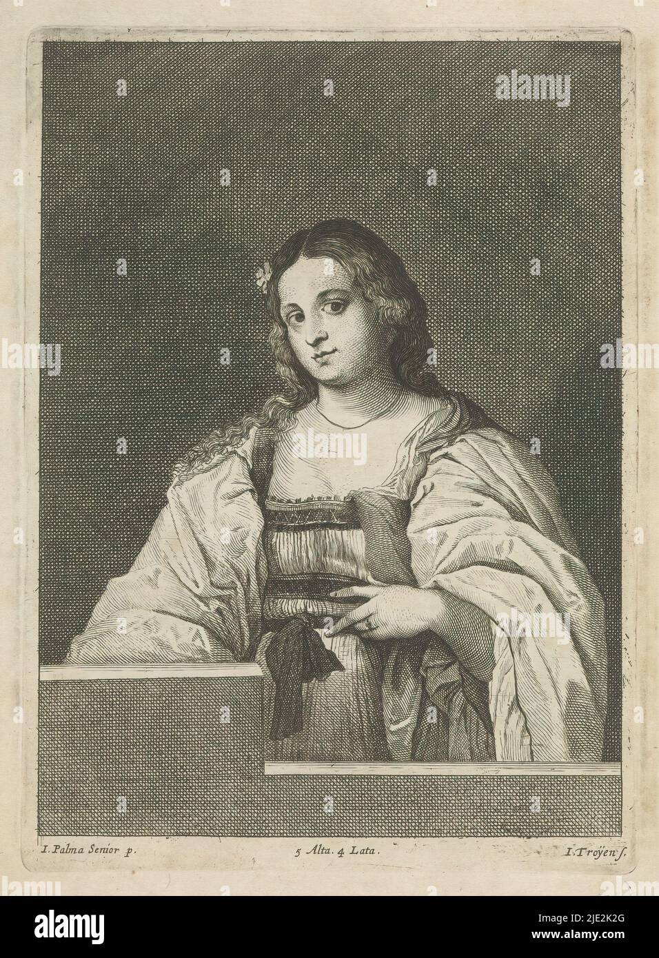 Portrait of an unknown woman, She is standing behind a low wall. This print is part of an album., print maker: Jan van Troyen, (mentioned on object), after painting by: Jacopo Palma (il Vecchio), (rejected attribution), after painting by: Giovanni Cariani, (possibly), print maker: Southern Netherlands, (possibly), after painting by: Italy, after painting by: Italy, publisher: Brussels, 1660, paper, etching, engraving, height 230 mm × width 167 mm Stock Photo