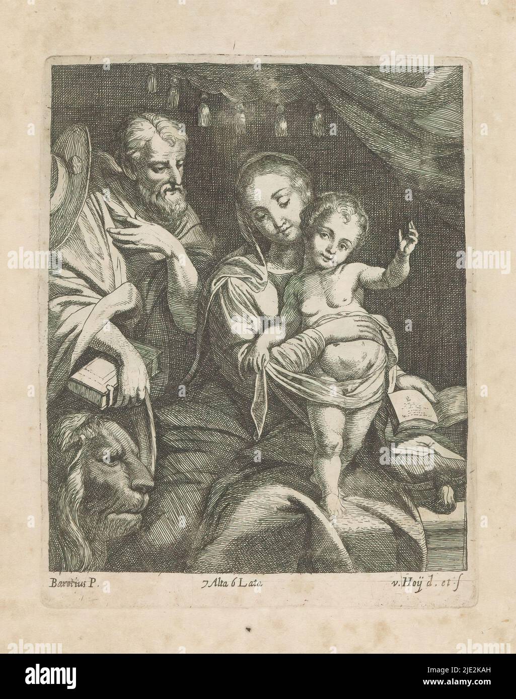 Mary with the Christ Child next to St. Jerome, Mary showing an opened book. This print is part of an album., print maker: Nikolaas van Hoy, (mentioned on object), after drawing by: Nikolaas van Hoy, (mentioned on object), after painting by: Federico Barocci, (mentioned on object), print maker: Vienna, after drawing by: Vienna, after painting by: Italy, publisher: Brussels, 1660, paper, etching, height 174 mm × width 139 mm Stock Photo