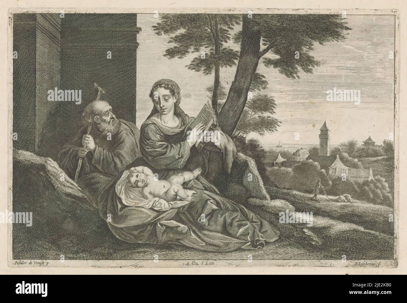Holy Family in a landscape, Mary showing an open book to Joseph. The Christ child is lying on her lap. In the background a church in a waterfront landscape. This print is part of an album., print maker: Peter van Liesebetten, (mentioned on object), after painting by: Polidoro da Lanciano, (mentioned on object), publisher: David Teniers (II), print maker: Antwerp, after painting by: Venice, publisher: Brussels, 1660, paper, etching, engraving, height 203 mm × width 308 mm Stock Photo