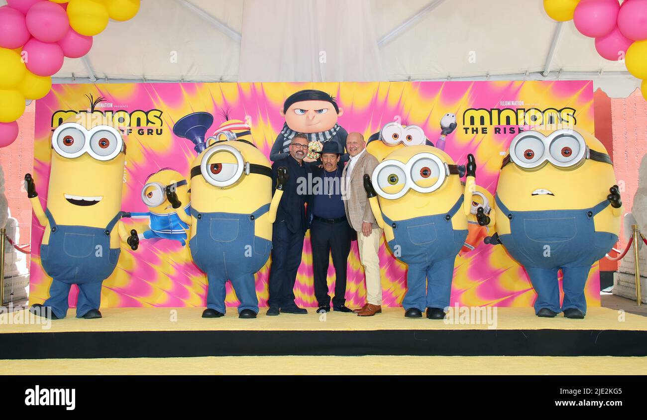 Hollywood, USA. 24th June, 2022. Kevin the Minion, Stuart the Minion, Steve Carell, Danny Trejo, Chris Meledandri, Bob the Minion, Otto the Minion arrives at Illumination s Minions placed their hands and feet in cement at the TCL Chinese Theatre in Hollywood, CA on Friday June 23, 2022 . (Photo By Juan Pablo Rico/Sipa USA) Credit: Sipa USA/Alamy Live News Stock Photo