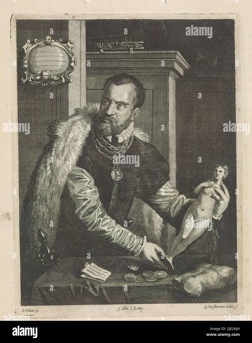 Portrait of Jacopo Strada, He is wearing a cape of fur and holding a statue. He is standing by a table in an interior. On the table are medals and statues. Above a cartouche. This print is part of an album., print maker: Lucas Vorsterman (II), (mentioned on object), after painting by: Titiaan, (mentioned on object), publisher: David Teniers (II), print maker: Southern Netherlands, after painting by: Italy, publisher: Brussels, 1660, paper, etching, engraving, height 232 mm × width 175 mm Stock Photo