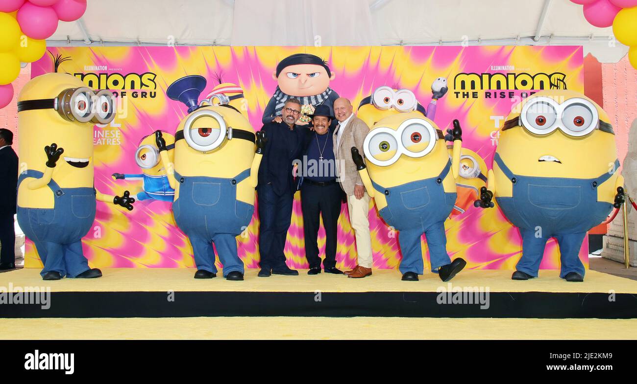 Hollywood, USA. 24th June, 2022. Kevin the Minion, Stuart the Minion, Steve Carell, Danny Trejo, Chris Meledandri, Bob the Minion, Otto the Minion arrives at Illumination s Minions placed their hands and feet in cement at the TCL Chinese Theatre in Hollywood, CA on Friday June 23, 2022 . (Photo By Juan Pablo Rico/Sipa USA) Credit: Sipa USA/Alamy Live News Stock Photo