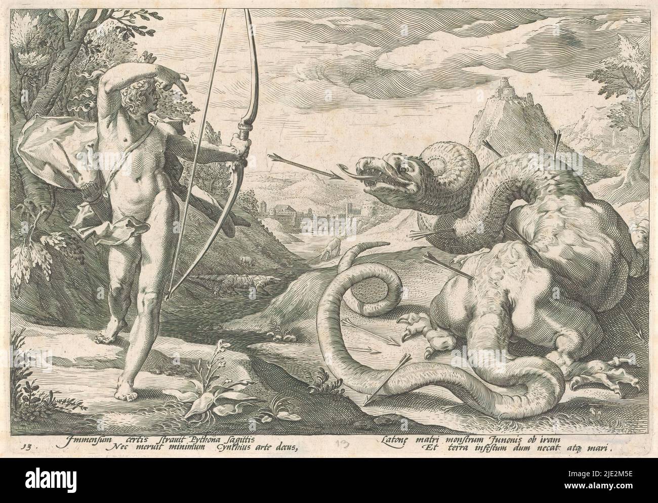 Apollo slays Python, Metamorphoses of Ovid (series title), Apollo slays the serpent Python (depicted here as a dragon) with many arrows. In the lower margin a four-line explanation, in two columns, in Latin., print maker: Hendrick Goltzius, (workshop of), after design by: Hendrick Goltzius, Franco Estius, Haarlem, 1589, paper, engraving, height 177 mm × width 255 mm Stock Photo