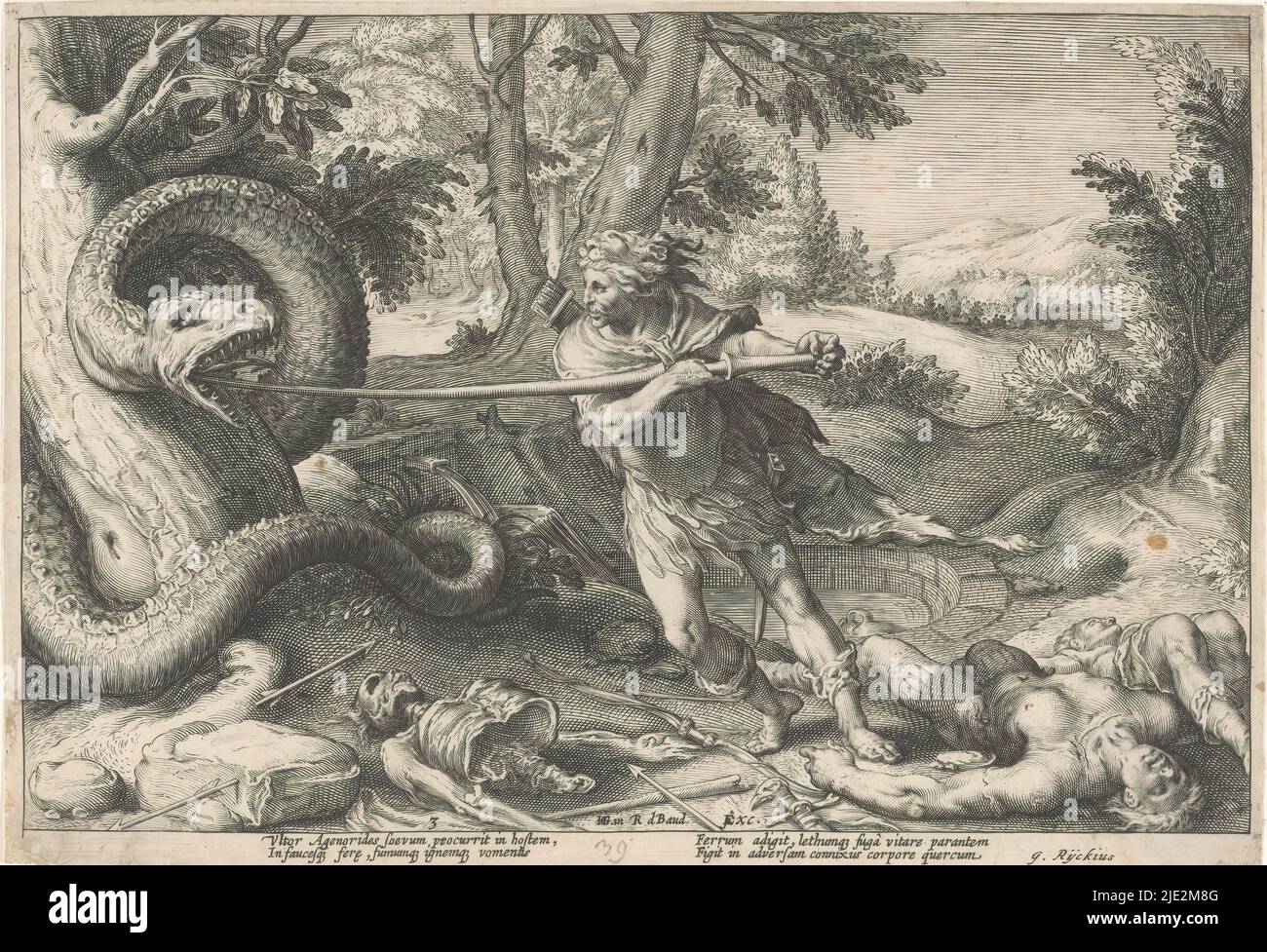 Cadmus slays the dragon, Metamorphoses of Ovid (series title), Cadmus, founder of Thebes, slays the dragon-like serpent that has just devoured his companions. In the lower margin a four-line commentary, in two columns, in Latin., print maker: Hendrick Goltzius, (workshop of), after design by: Hendrick Goltzius, (mentioned on object), G. Rijckius, (mentioned on object), print maker: Haarlem, after design by: Haarlem, publisher: Amsterdam, c. 1590 and/or 1615, paper, engraving, height 176 mm × width 256 mm Stock Photo