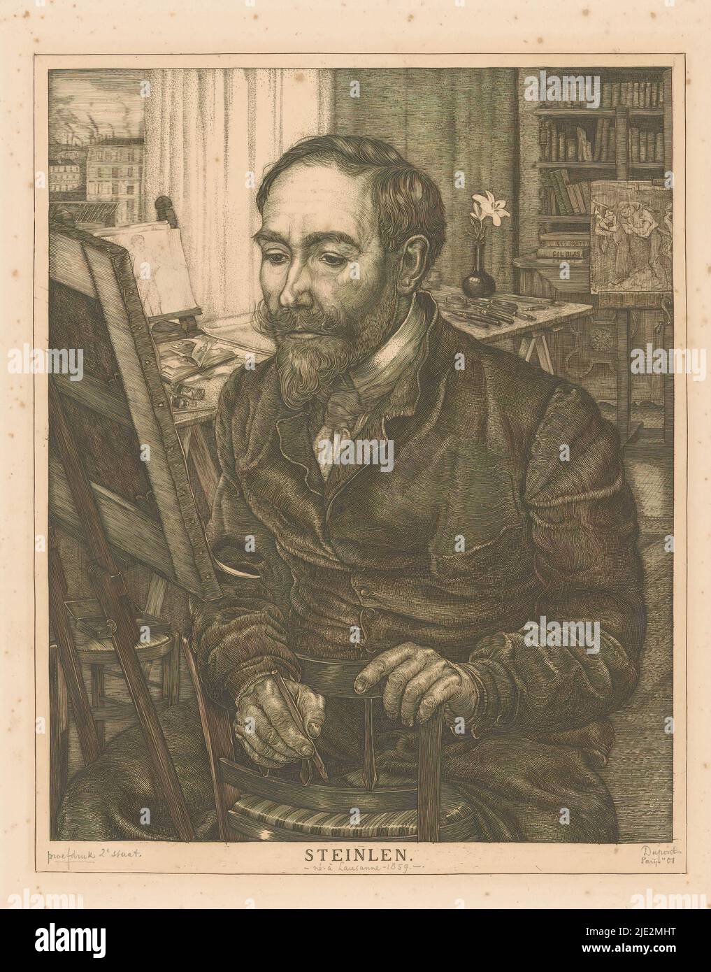 Portrait of Théophile Alexandre Steinlen, A portrait of the artist Théophile Alexandre Steinlen in his studio. Steinlen sits backwards on a chair near an easel. In the background a work table, a bookcase and through a window a view of Paris., print maker: Pieter Dupont, (signed by artist), Paris, 1901, paper, engraving, height 308 mm × width 246 mm Stock Photo