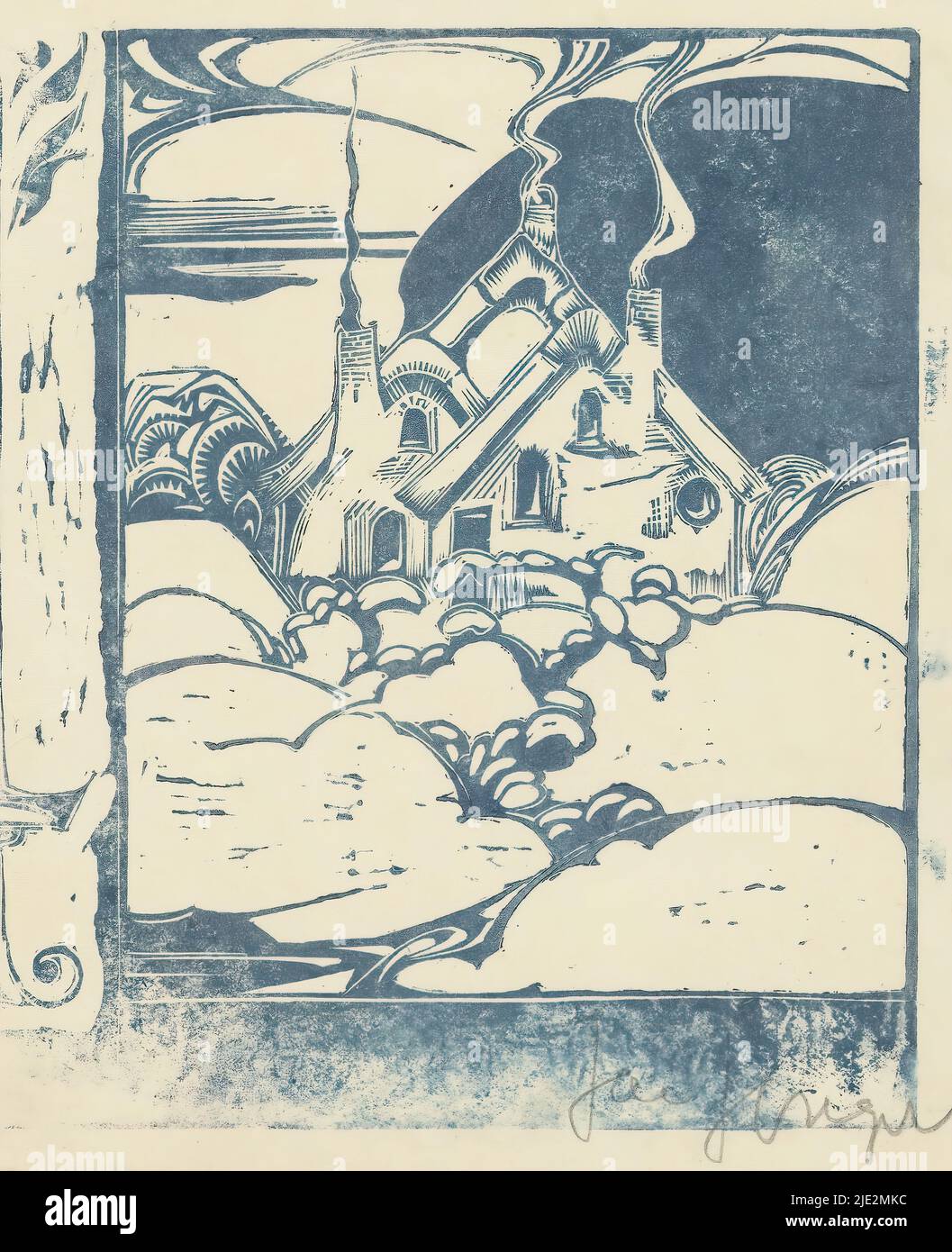 House with smoking chimneys in hilly landscape, print maker: Jac Jongert, (signed by artist), 1893 - 1942, paper, height 198 mm × width 140 mm Stock Photo