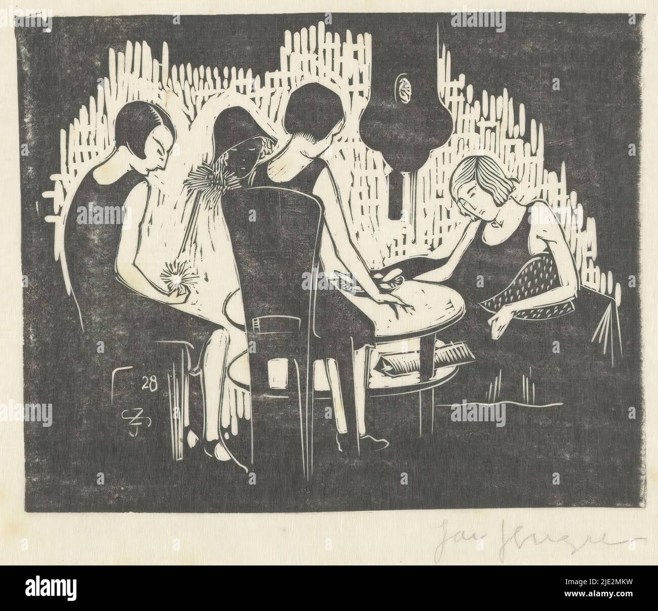 Four women seated at a table, print maker: Jac Jongert, (signed by artist), 1928, transparant paper, height 115 mm × width 145 mm, height 225 mm × width 200 mm Stock Photo