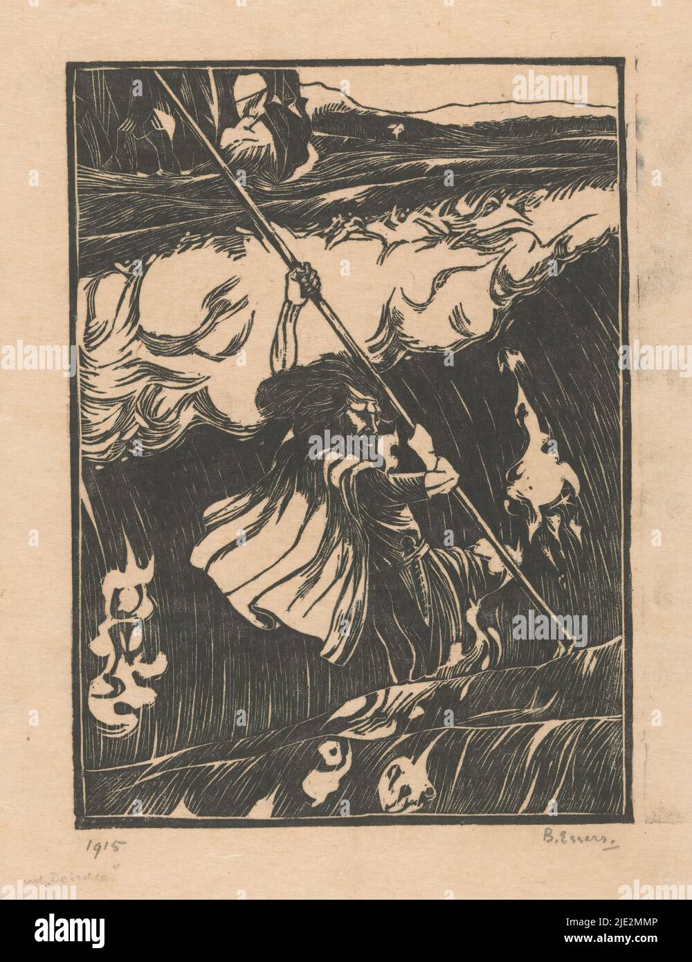 Cuchulainn fighting the surf, Cuchulainn, the protagonist of the story 'The Death of Cuchulainn of Murhevna' by Adriaan Roland Holst, fighting the surf of the sea with a spear., print maker: Bernard Essers, (signed by artist), 1915, paper, height 259 mm × width 200 mm Stock Photo