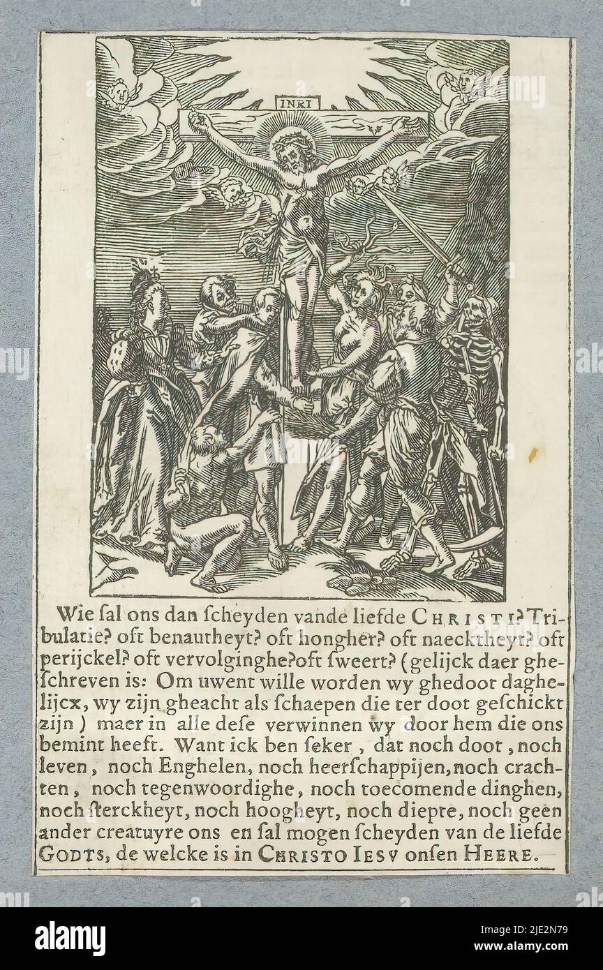 Christ on the Cross and Death, Depiction of Rom. 8: 35-39: 'What shall separate us from the love of Christ? Adversity, misery or persecution, hunger or poverty, danger or the sword?' On the right, Death. Below the image the relevant text from the biblical book of Romans. The print is part of an album., print maker: Christoffel van Sichem (II), (mentioned on object), after print by: Hieronymus Wierix, publisher: Pieter Jacobsz. Paets, Amsterdam, 1629, paper, letterpress printing, height 90 mm × width 67 mm, height 136 mm × width 87 mm Stock Photo