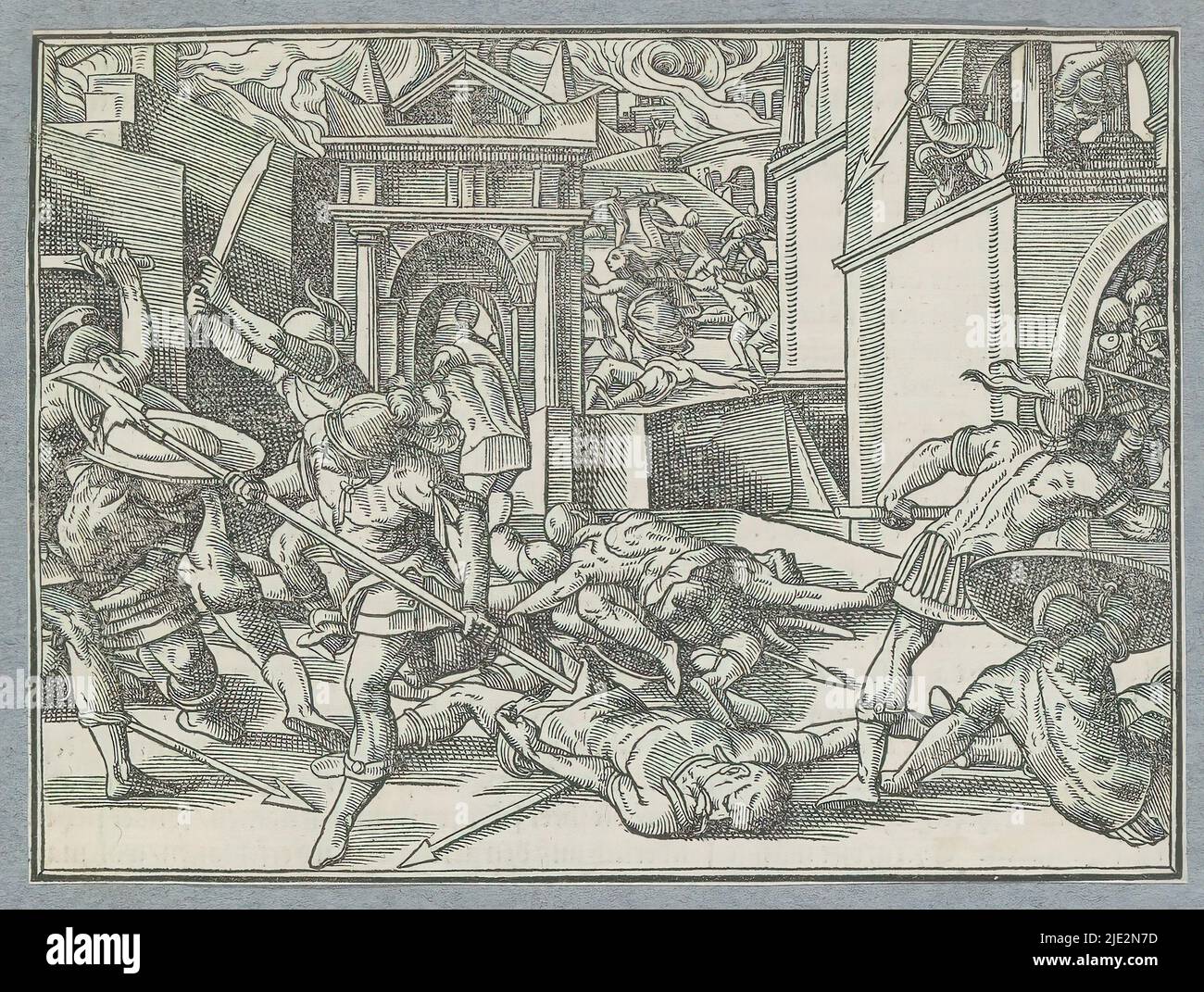 Fighting soldiers in a city, Fight in Jerusalem, Warriors with swords and spears are fighting each other inside the walls of a city. In the background, residents flee and buildings are on fire. The depiction has been used in part to depict the fall of the city of Jerusalem in 70 AD and the destruction of the Great Temple by Titus. The print is part of an album., print maker: Christoffel van Sichem (I), after design by: Tobias Stimmer, Amsterdam, 1574, paper, letterpress printing, height 110 mm × width 149 mm Stock Photo