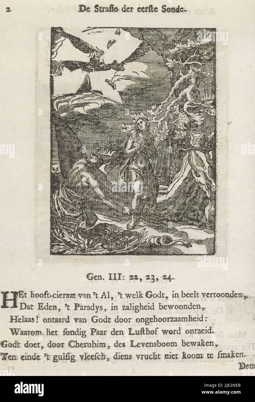 Expulsion from Paradise, Adam and Eve are expelled from the Earthly Paradise by the angel with the flaming sword. Next to them the serpent crawls. The image of the angel has been partially removed. Above the image a title. Below it are six verses and a reference to Genesis 3: 22-24. The print is part of an album., print maker: Christoffel van Sichem (II), (mentioned on object), print maker: Christoffel van Sichem (III), (mentioned on object), after print by: Jan Saenredam, print maker: Amsterdam, print maker: Amsterdam, after print by: Assendelft, publisher: Amsterdam, c. 1645 - c. 1646 and/or Stock Photo