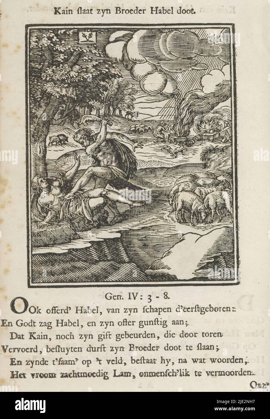 Cain kills Abel, Kain beats zyn brother Habel doot (title on object), Under a tree, Cain beats his brother Abel to death with a jawbone. In the background right the sacrifices of Cain and Abel. Above the scene is a title. Below, six verses and a reference to Genesis 4: 3-8. The print is part of an album., print maker: Christoffel van Sichem (II), (mentioned on object), print maker: Christoffel van Sichem (III), (mentioned on object), publisher: Jan Klooster, Amsterdam, c. 1645 and/or 1740, paper, letterpress printing, height 113 mm × width 90 mm, height 171 mm × width 132 mm Stock Photo