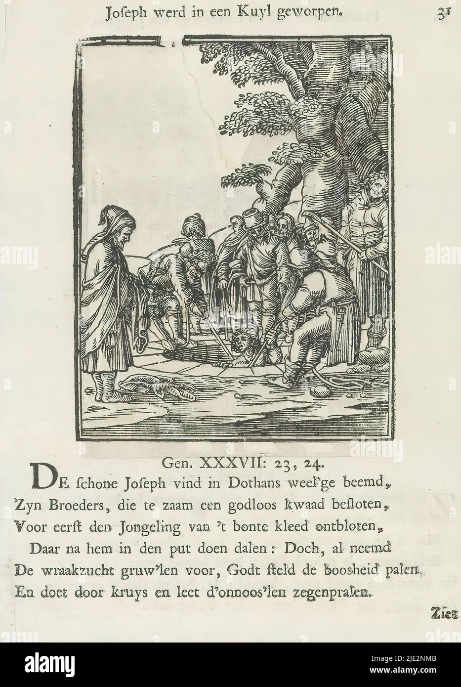 Joseph is pulled out of well by his brothers, Joseph was thrown into a kuyl (title on object), Joseph is pulled out of the well by his brothers. The merchants to whom they are selling Joseph look on. Above the scene is a title. Below it are six verses and a reference to Genesis 37: 23-24. The print is part of an album., print maker: Christoffel van Sichem (II), (mentioned on object), print maker: Christoffel van Sichem (III), (mentioned on object), Veit Rudolf Specklin, Amsterdam, 1645 - 1646 and/or 1740, paper, letterpress printing, height 106 mm × width 84 mm, height 172 mm × width 129 mm Stock Photo