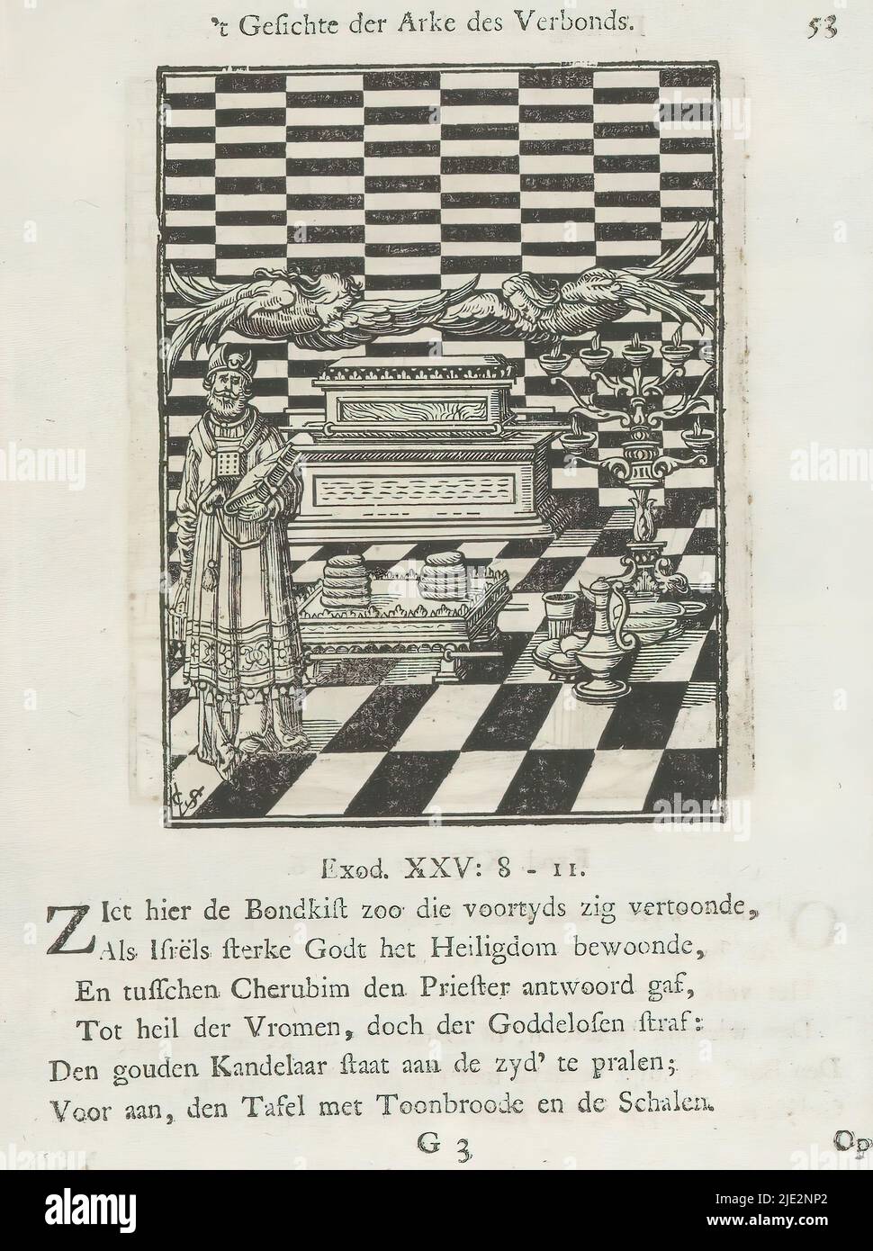 Ark of the covenant and objects from the tabernacle, 't Gesichte der arke des verbonds (title on object), Ark of the covenant, in which tablets of the law are kept. Above them two cherubs. To the right is a menorah. Next to it are dishes for the wine offerings and a table with the showbread. On the left Aaron in priest's robes. Above the scene is a title. Below it are six verses and a reference to Exodus 25: 8-11. The print is part of an album., print maker: Christoffel van Sichem (II), (mentioned on object), print maker: Christoffel van Sichem (III), (mentioned on object), after print by: Vei Stock Photo