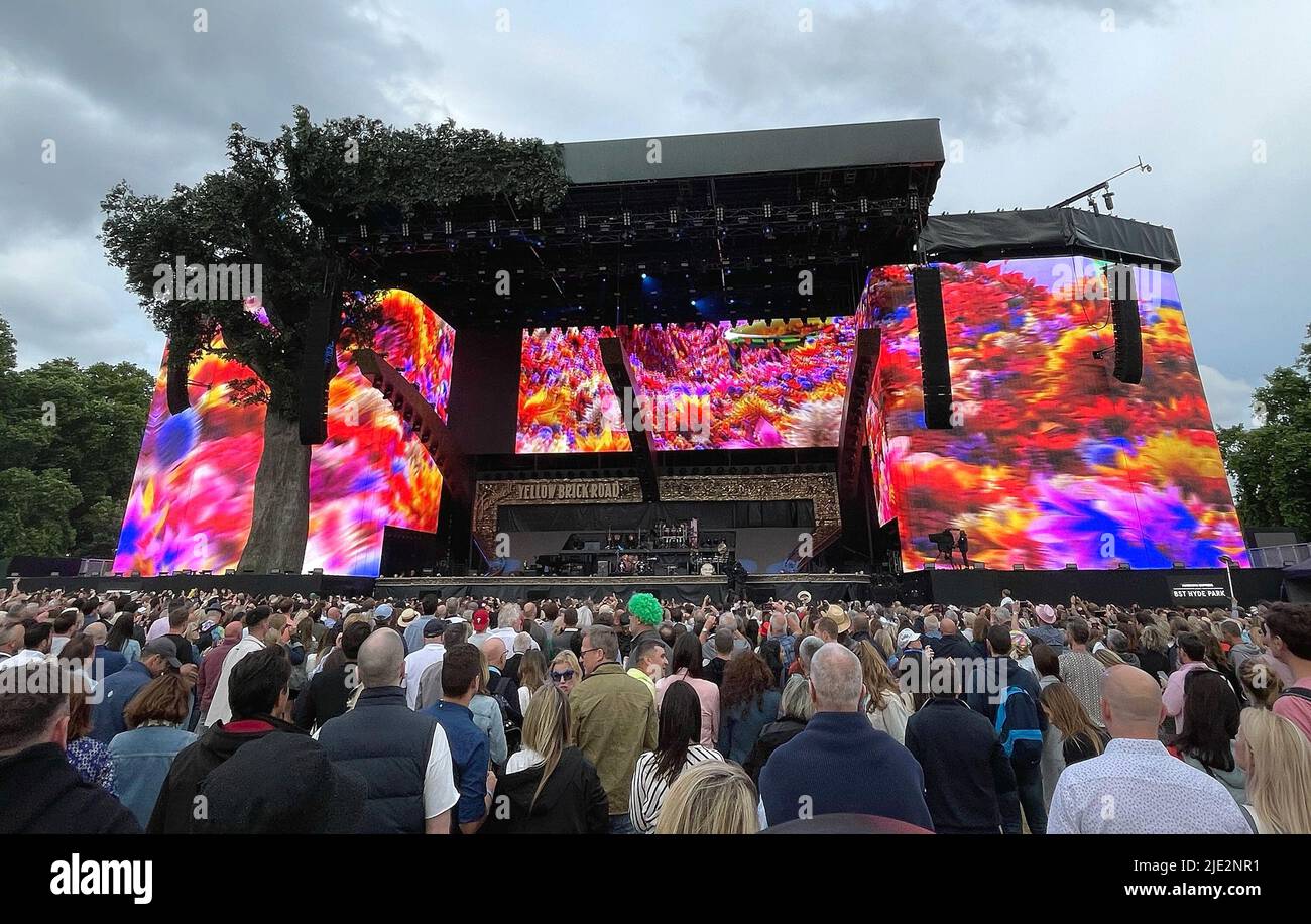 Crowd watching Elton John performs during the British Summer Time