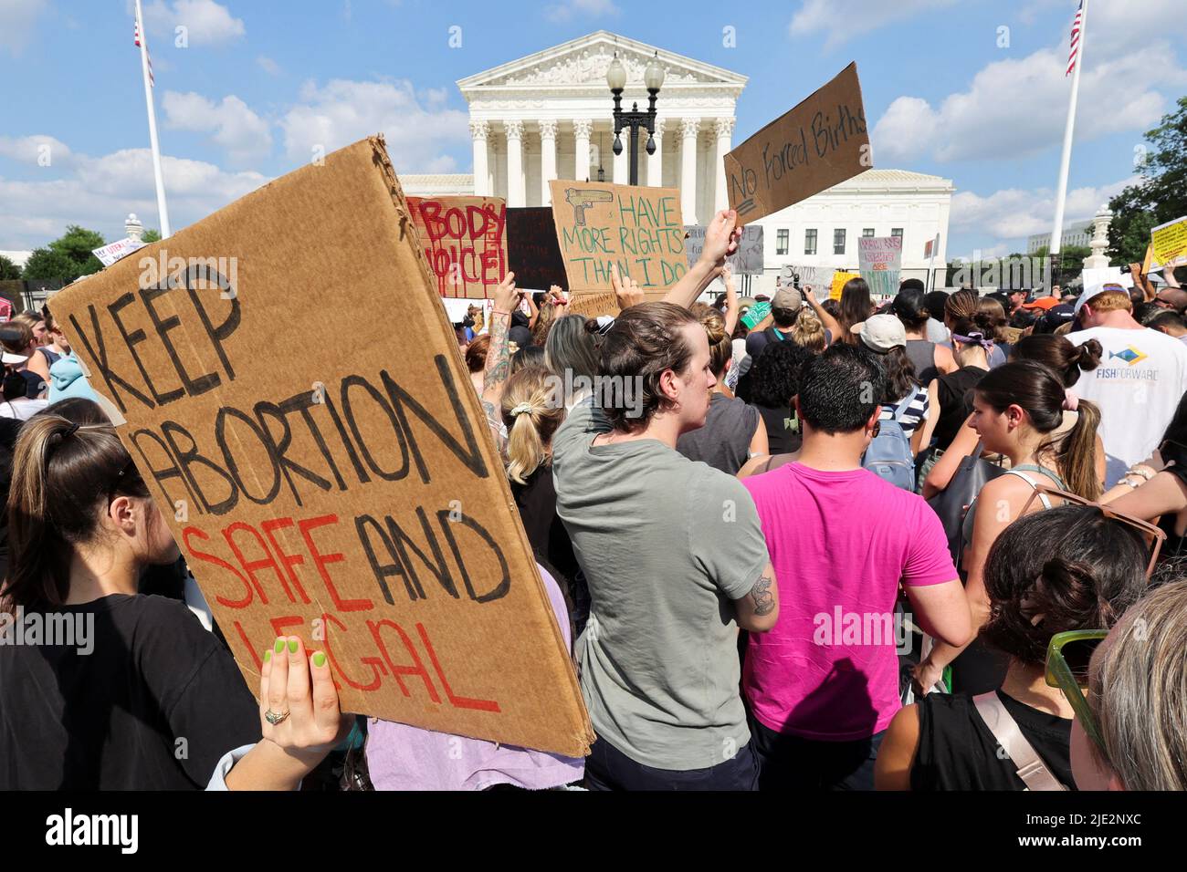 Abortion rights demonstrators protest outside the United States Supreme Court as the court rules in the Dobbs v Women's Health Organization abortion case, overturning the landmark Roe v Wade abortion decision in Washington, U.S., June 24, 2022. REUTERS/Jim Bourg Stock Photo