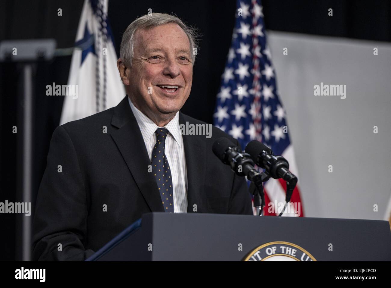 Senate Majority Whip Dick Durbin, D-IL, speaks at an event with Vice President Kamala Harris at the C.W. Avery Family YMCA in Plainfield, Illinois on Friday June 24, 2022. Photo by Christopher Dilts/UPI Credit: UPI/Alamy Live News Stock Photo