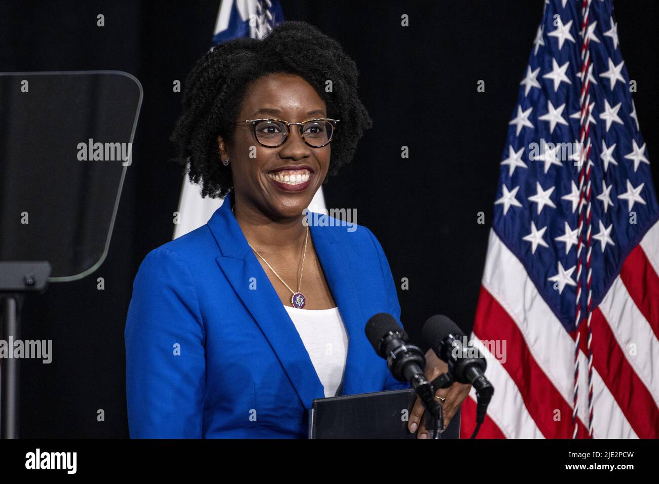 Rep. Lauren Underwood, D-IL, speaks about maternal health care at an event with Vice President Kamala Harris at the C.W. Avery Family YMCA in Plainfield, Illinois on Friday June 24, 2022. Photo by Christopher Dilts/UPI Credit: UPI/Alamy Live News Stock Photo